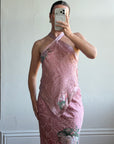 Vintage 90s Dusty Rose Floral Silk Halter Scarf Top and Skirt Set