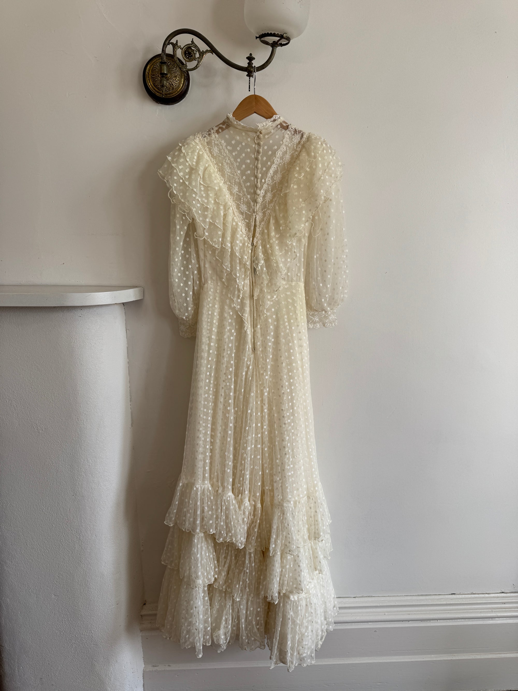 Vintage 70s Polka Sheer Tiered Wedding Dress Creme