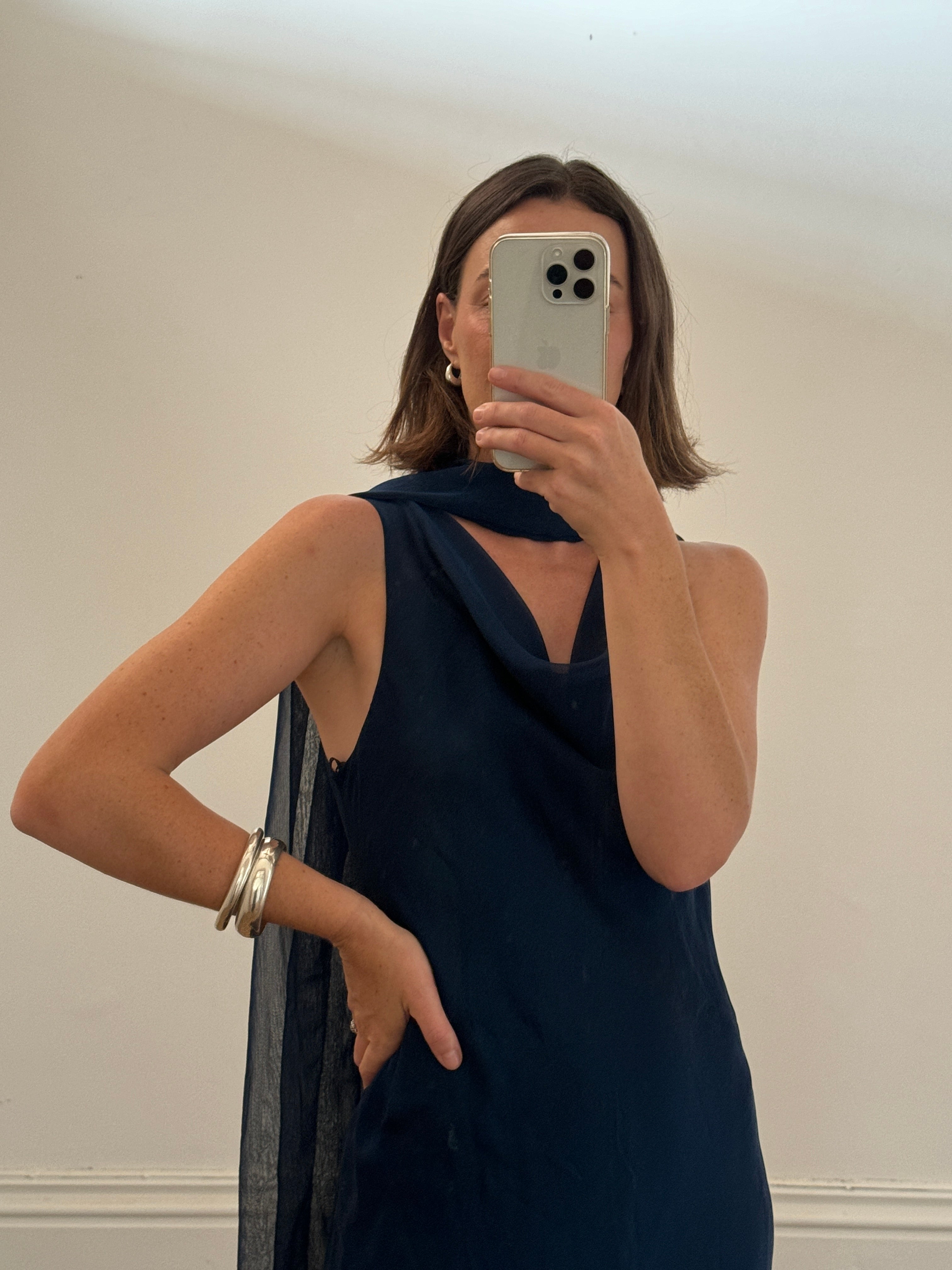 Vintage 90s Navy Cowl Neck Dress with Scarf