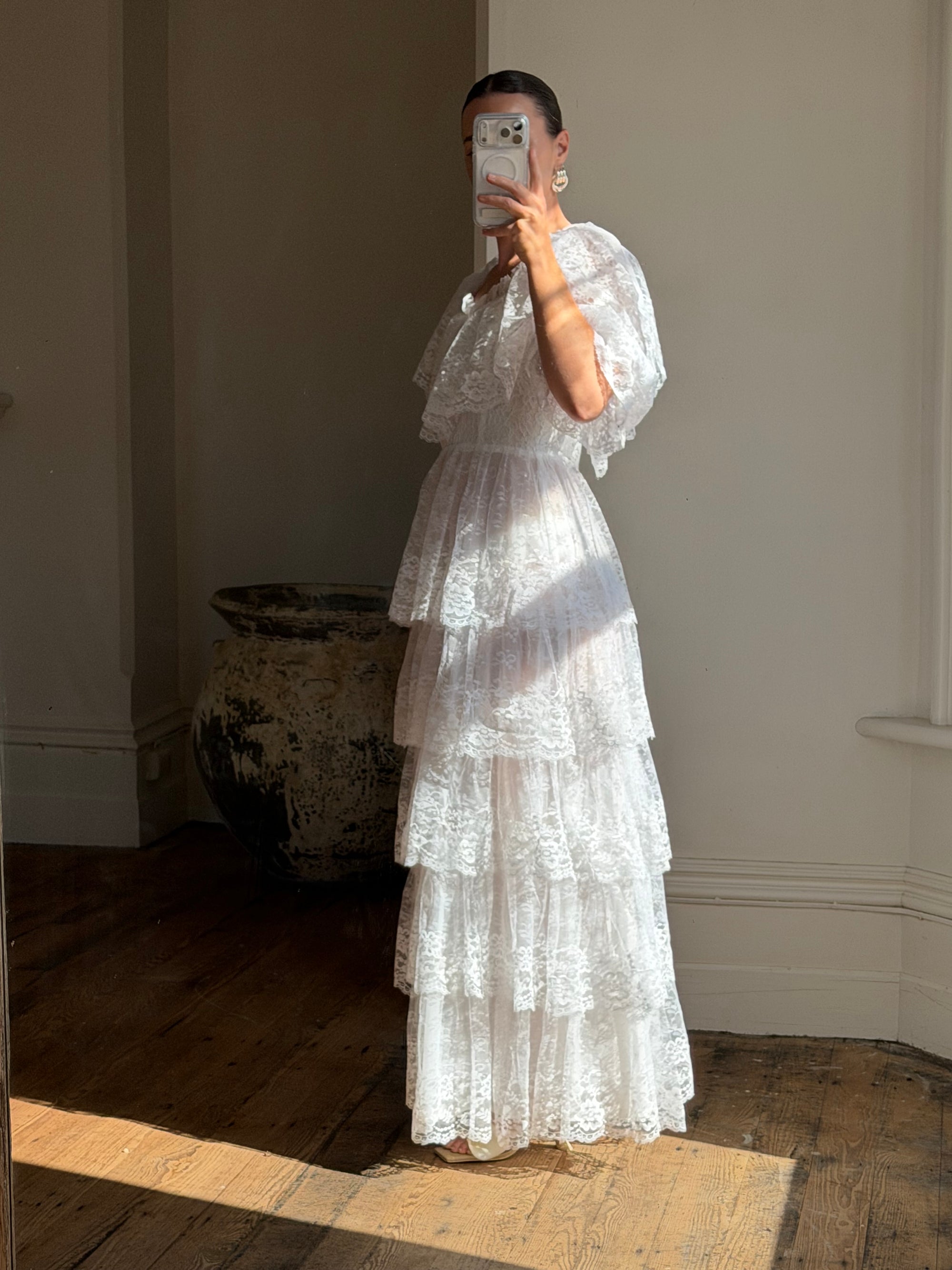 Vintage 70s Tiered Lace Wedding Dress Crisp White