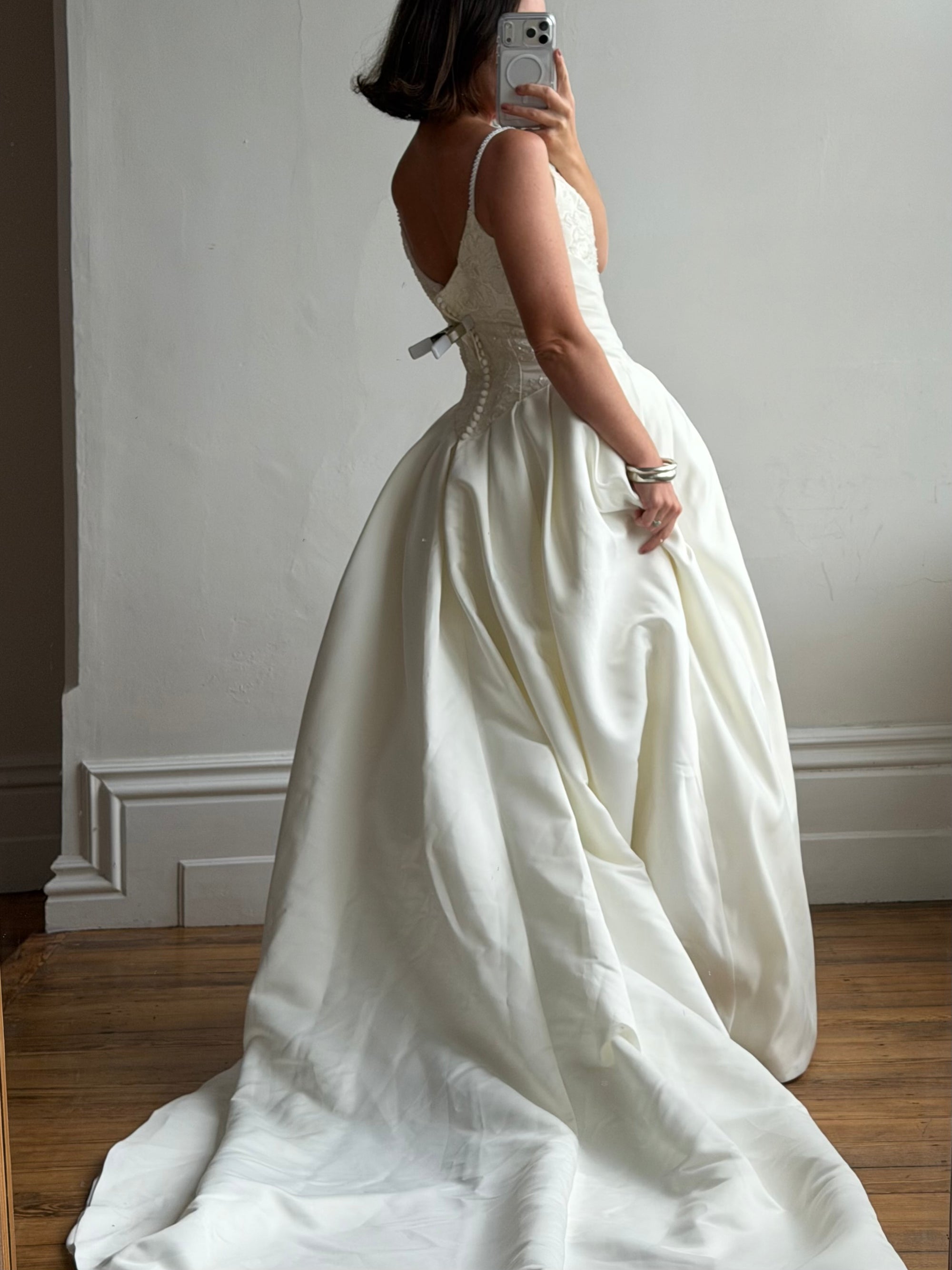 Vintage 90s Pleated Jacquard Satin Wedding Gown