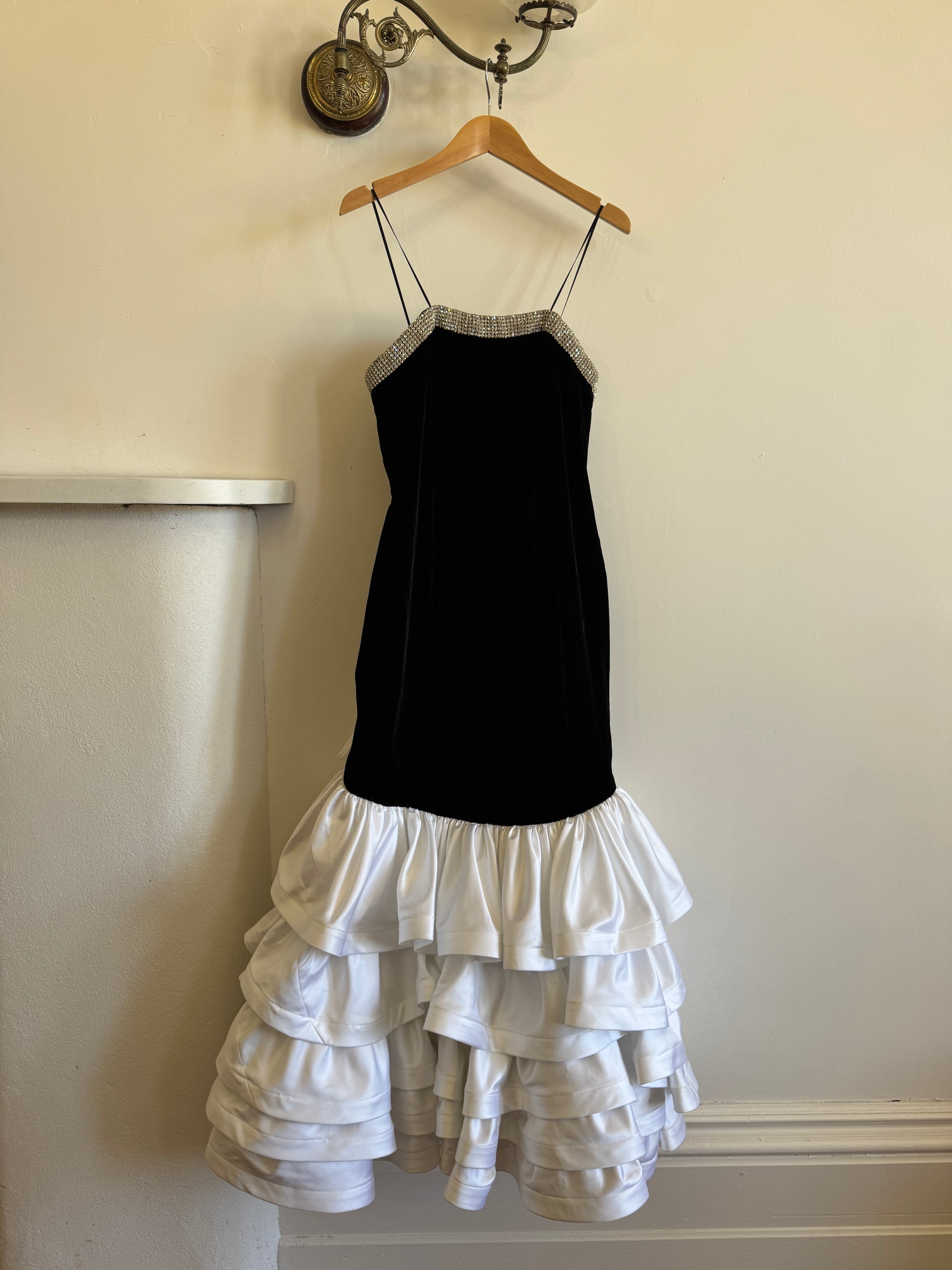 Vintage 80s Union Made Velvet Fishtail Ruffle Gown With Rhinestones