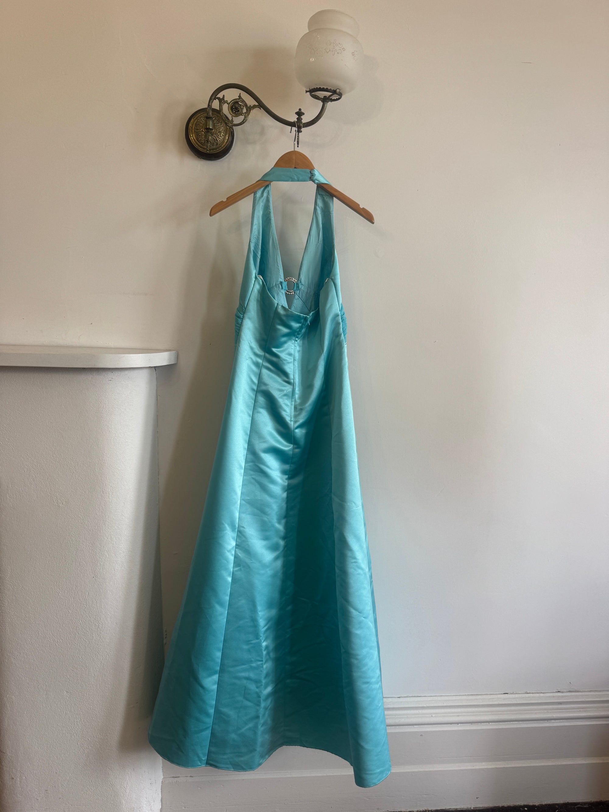Vintage 90s A-Line Aqua Prom Dress with Rhinestones