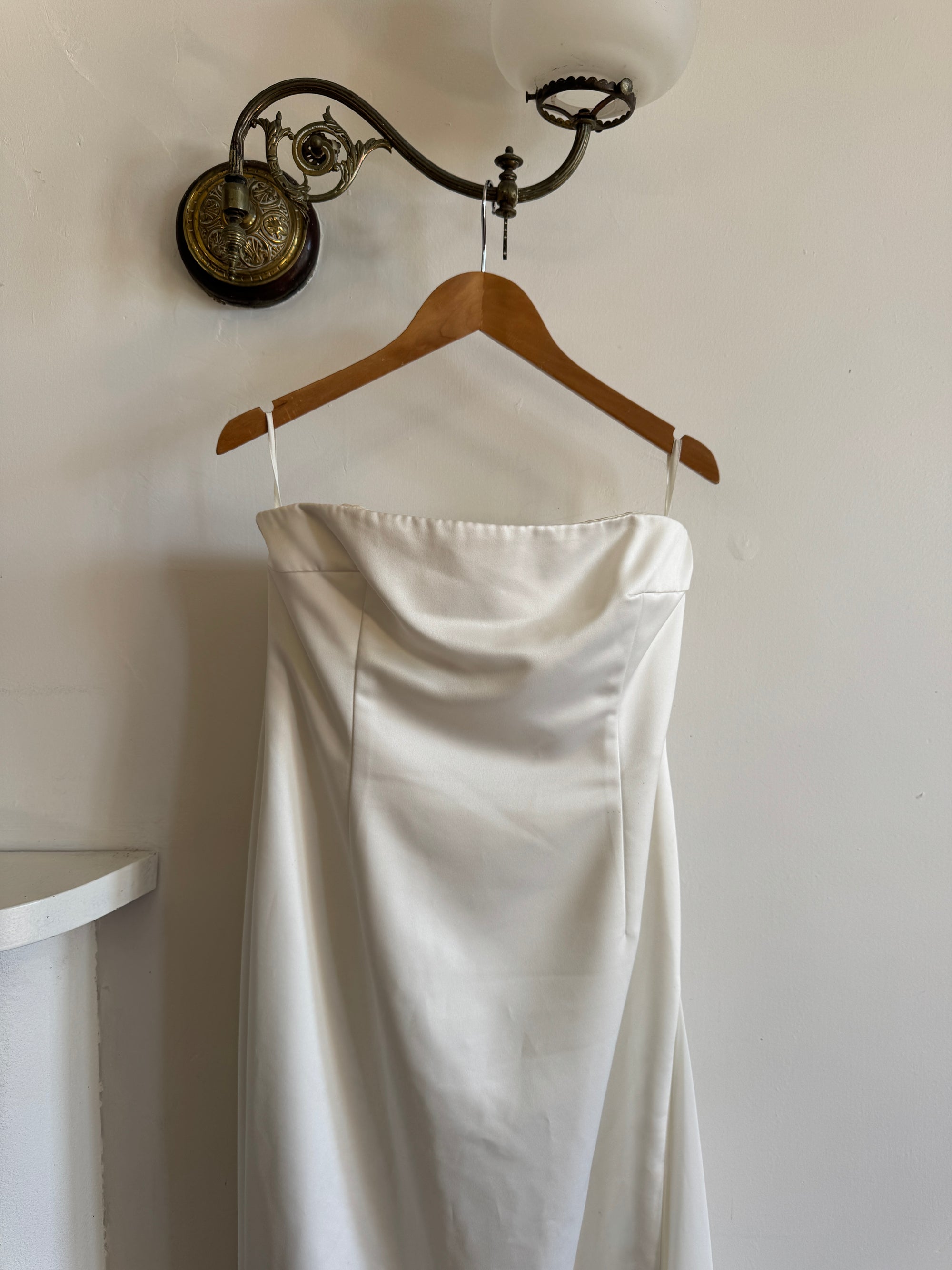 Vintage 90s Ivory Strapless Wedding Dress with Chiffon High Split