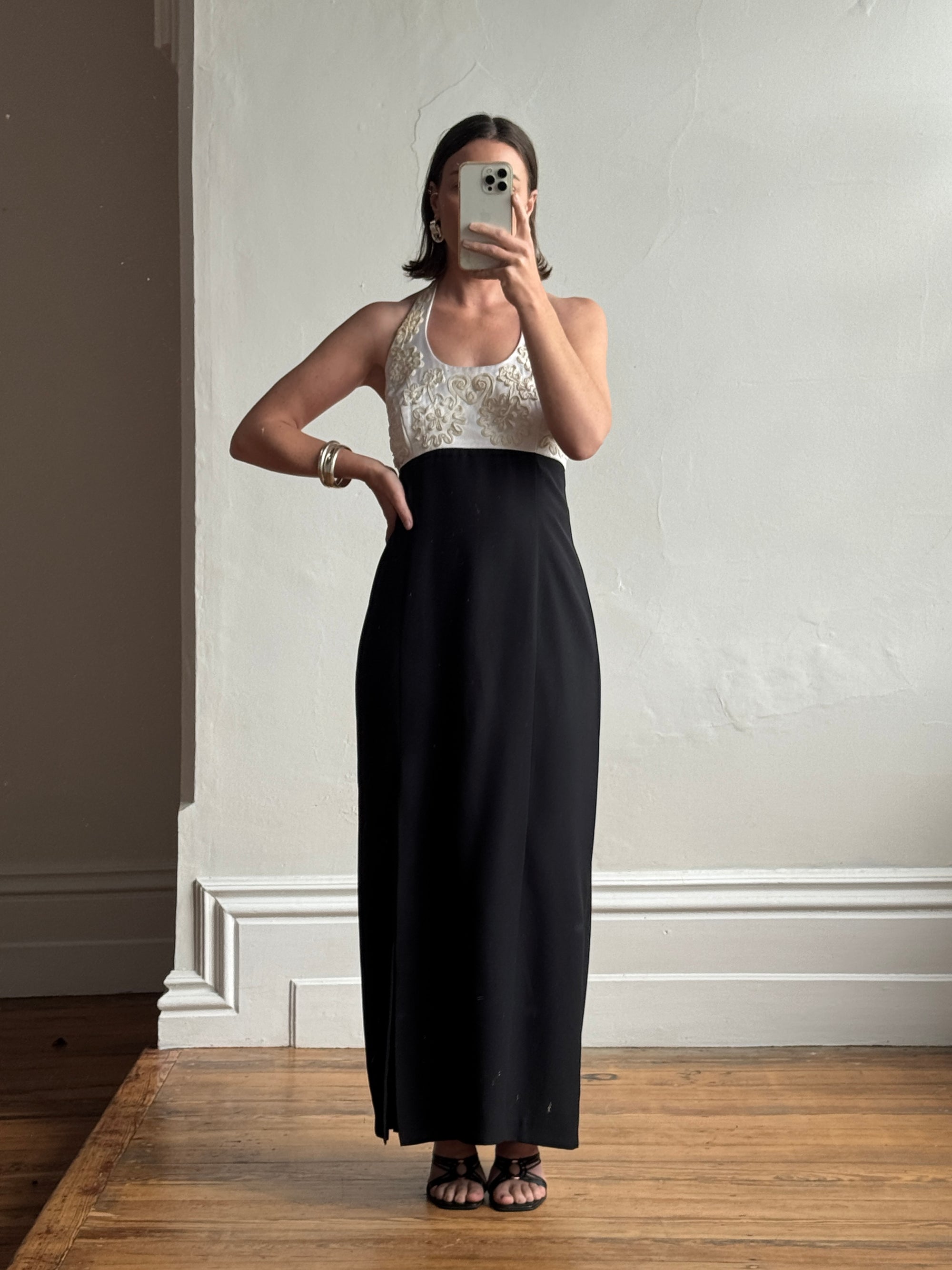 Vintage 90s Halter Crepe Contrast Rope Embroidery Midi Dress