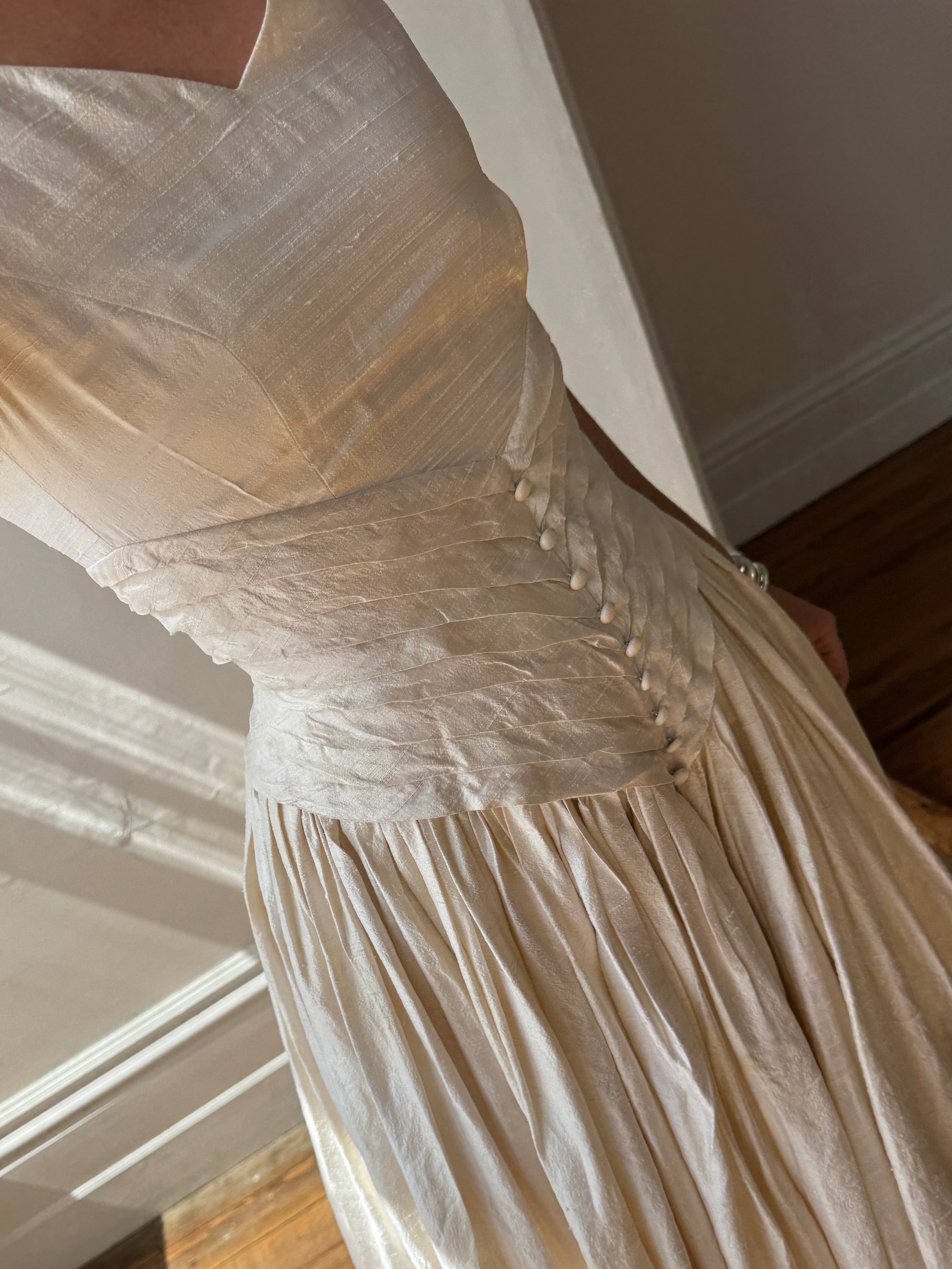 Vintage 90s Pure Silk Pleated Waist Wedding Dress