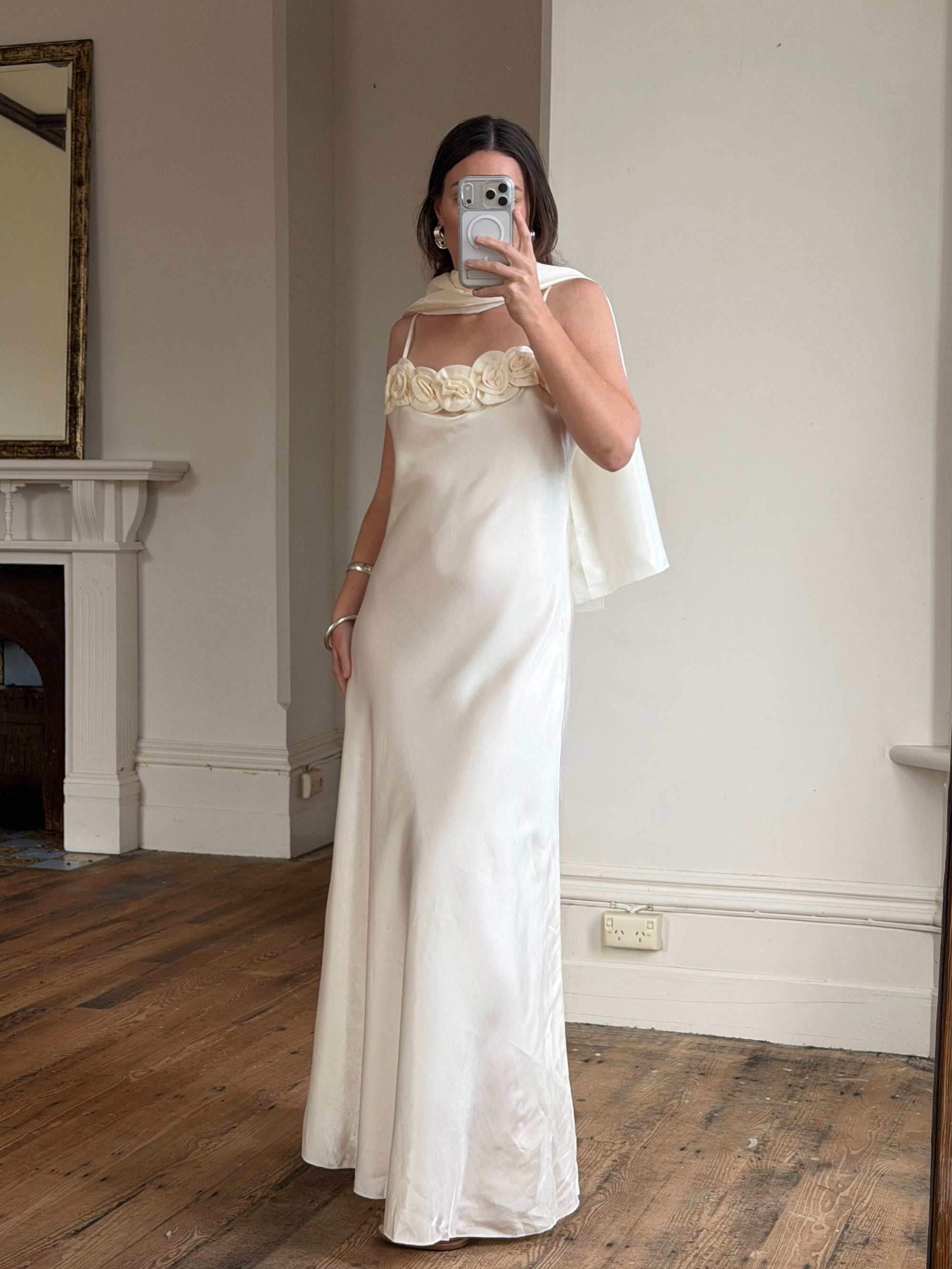 Vintage Y2K Rosette Bridal Slip Dress Champagne Satin