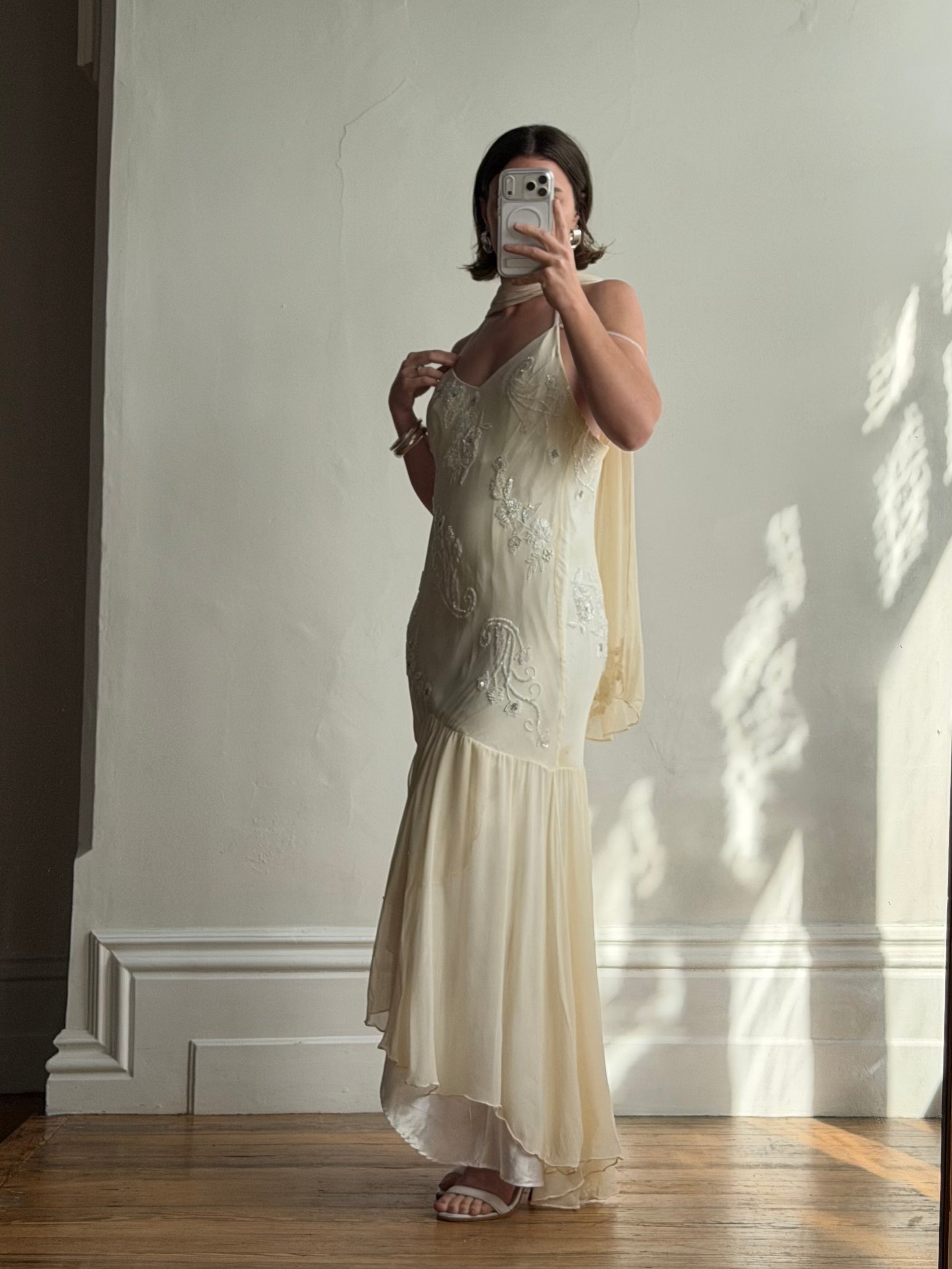 Vintage 90s Pure Silk Embellished Midi Dress With Scarf Creme
