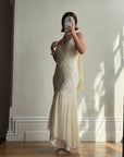 Vintage 90s Pure Silk Embellished Midi Dress With Scarf Creme