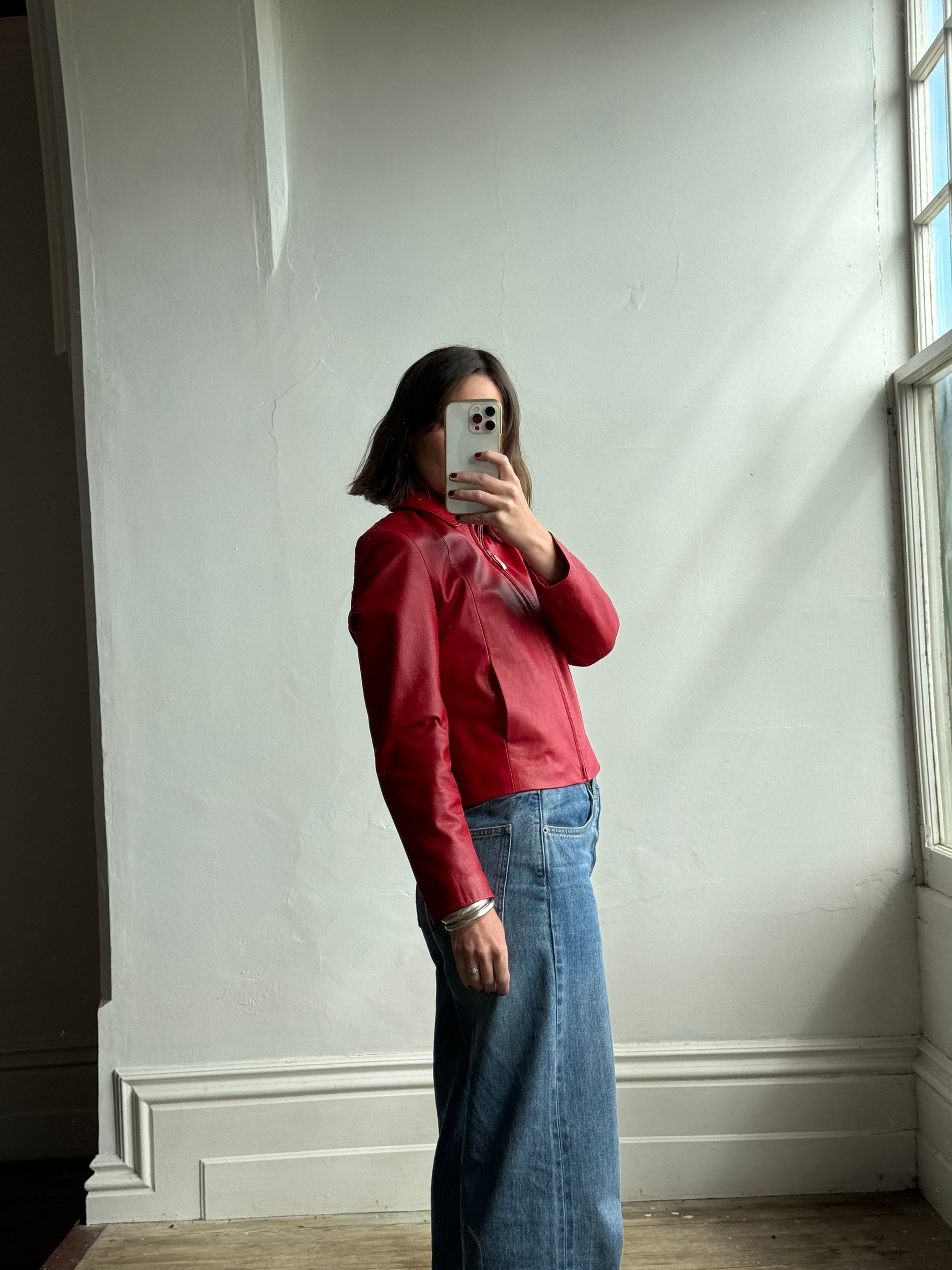 Vintage 90s Zip Front Leather Jacket Red