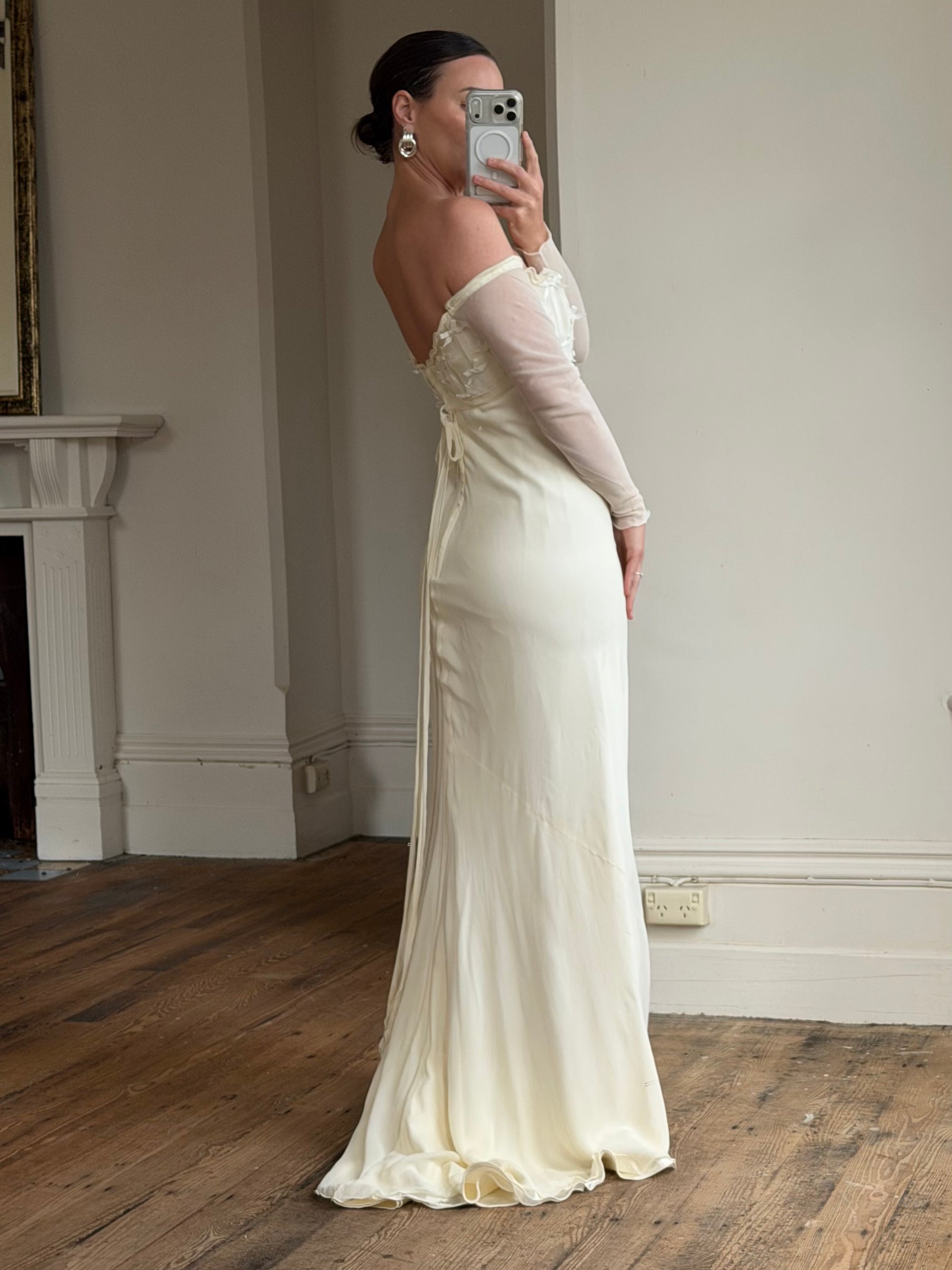 Vintage 90s Pure Silk Chiffon Empire Bow Off Shoulder Wedding Dress