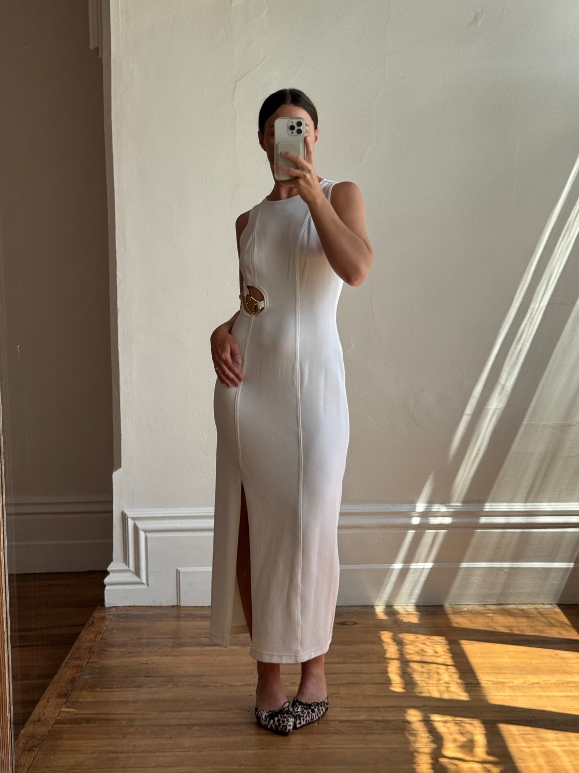 Vintage 90s Body Con Ivory Dress with Gold Hardware