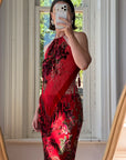 Vintage Y2K Burnt Velvet Beaded Fringe Halter and Skirt Set Crimson