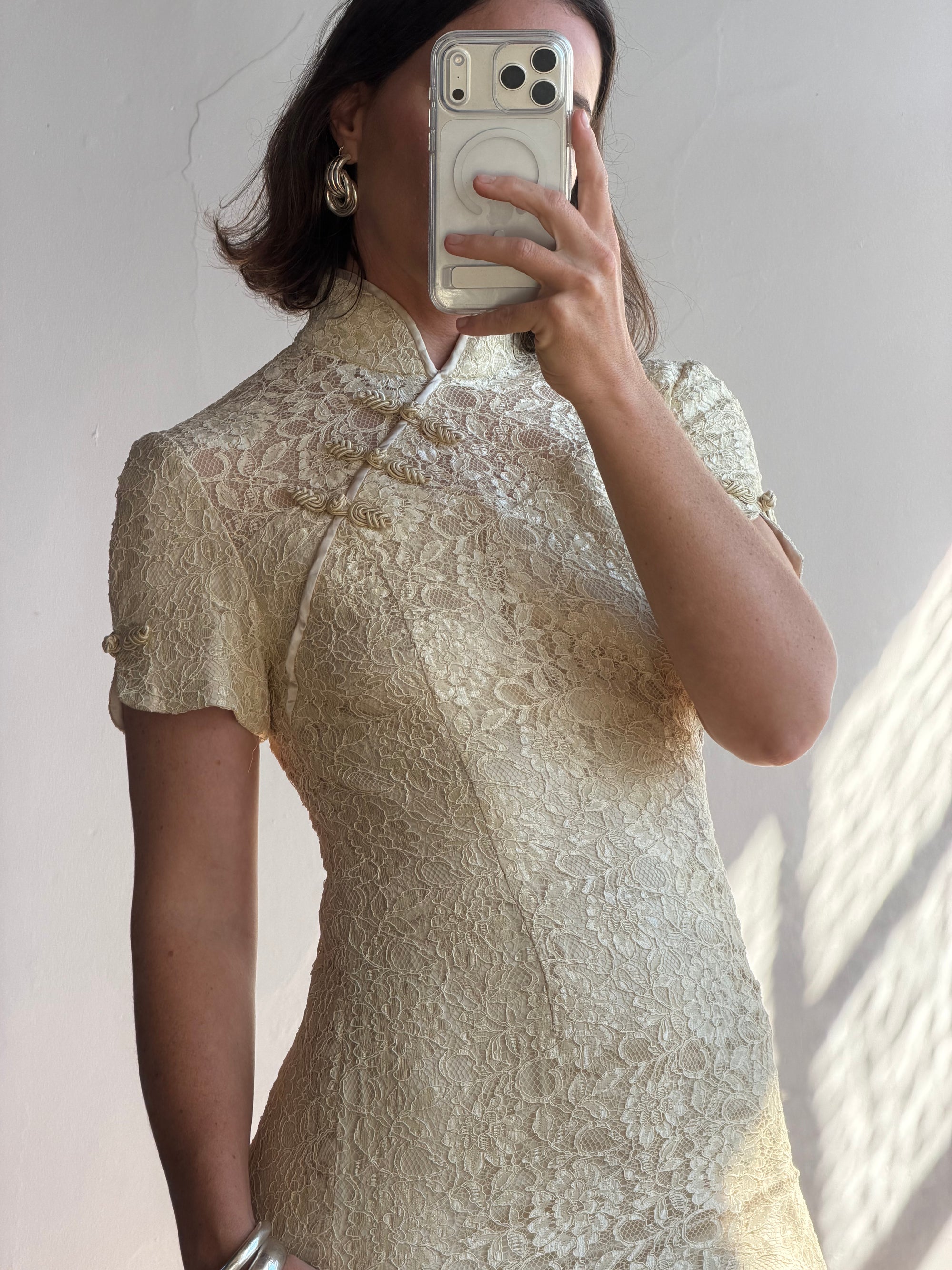 Vintage 90s Mandarin Collar Guipure Lace Midi Dress