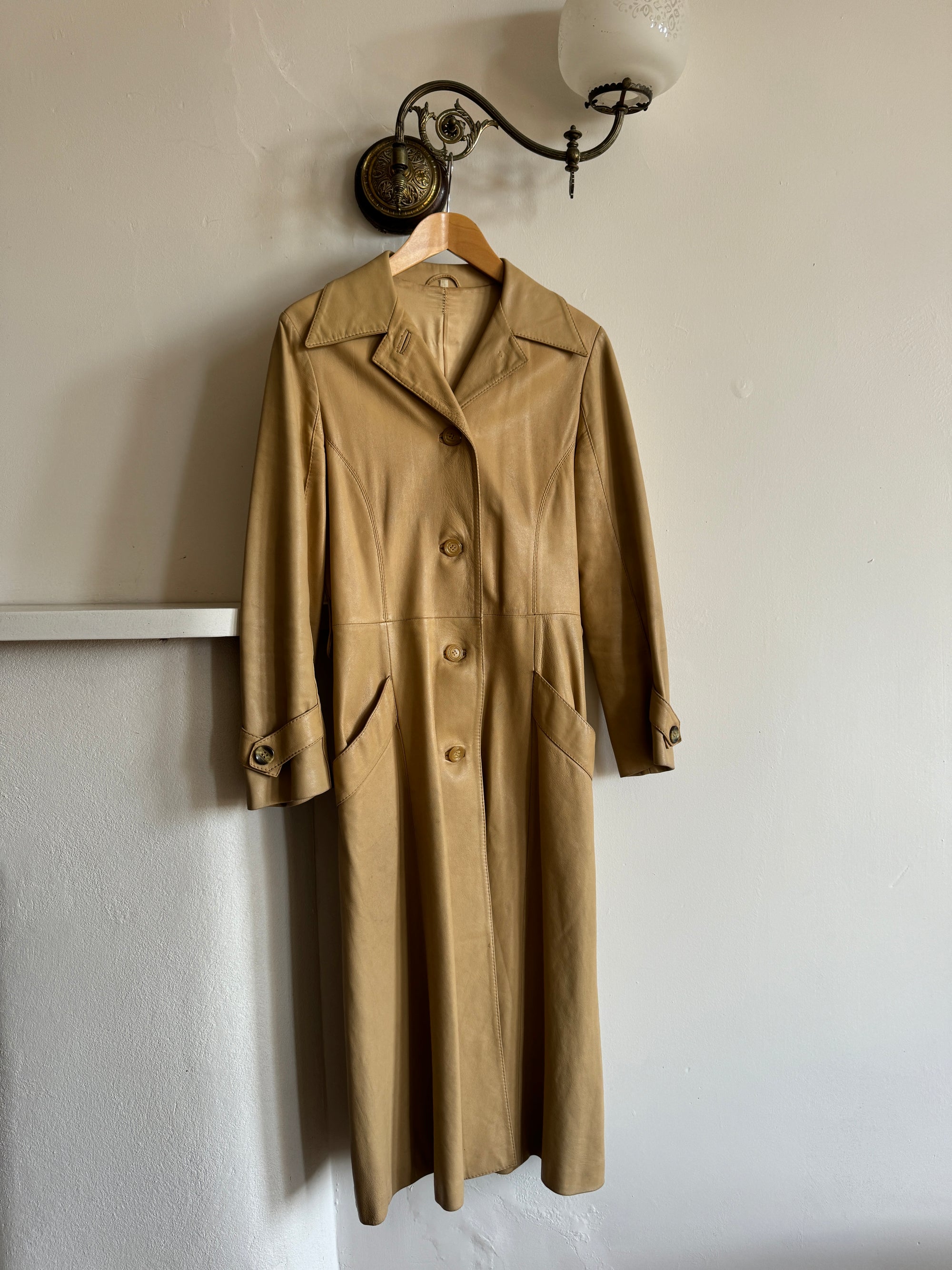 Vintage 70s Caramel Leather Trench Coat