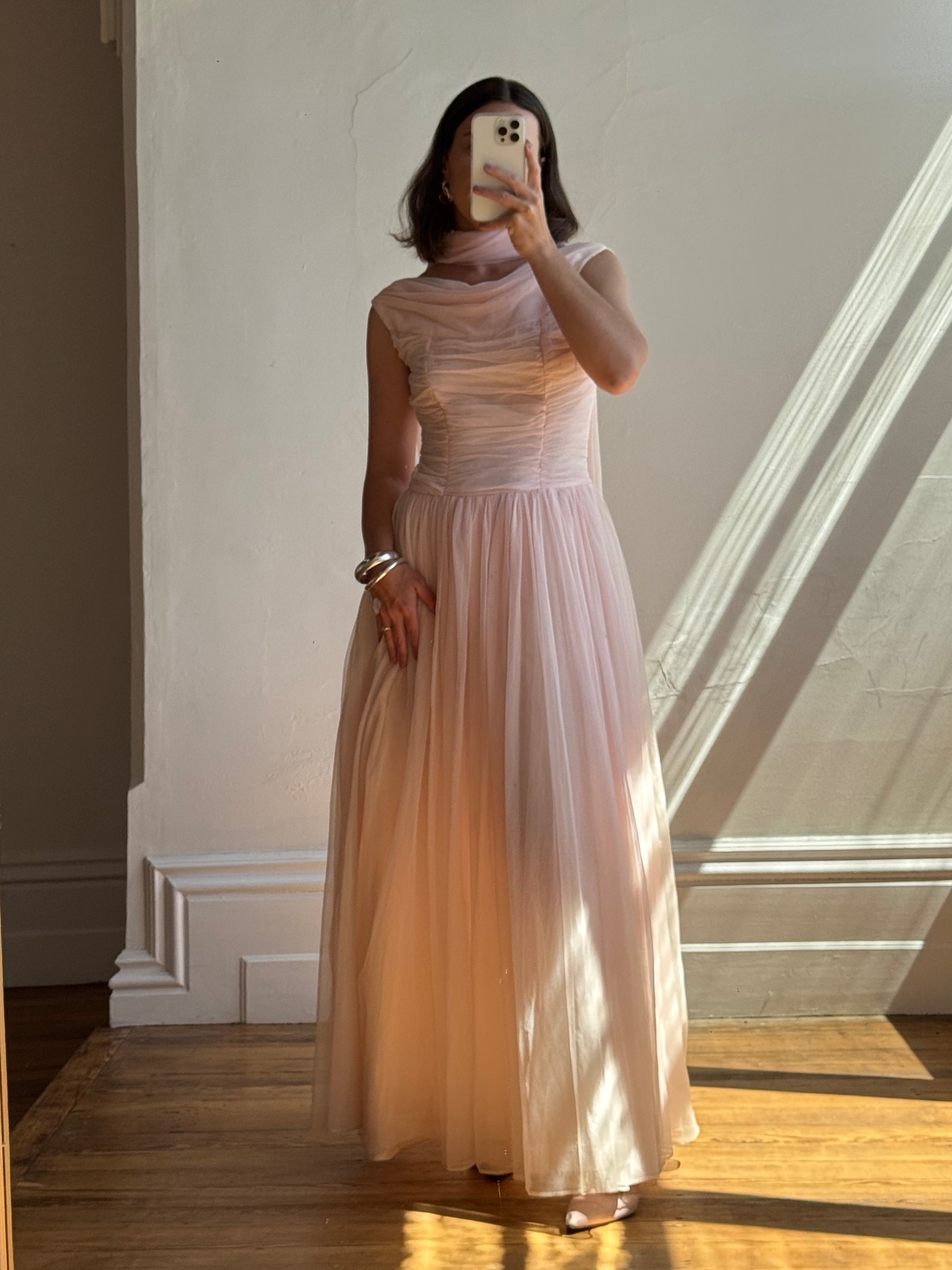 Vintage 60s Chiffon Gathered Pale Pink Maxi Gown