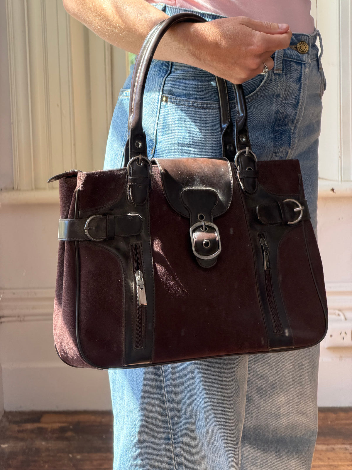 Vintage 90s Chocolate Suede Leather Buckle Handbag