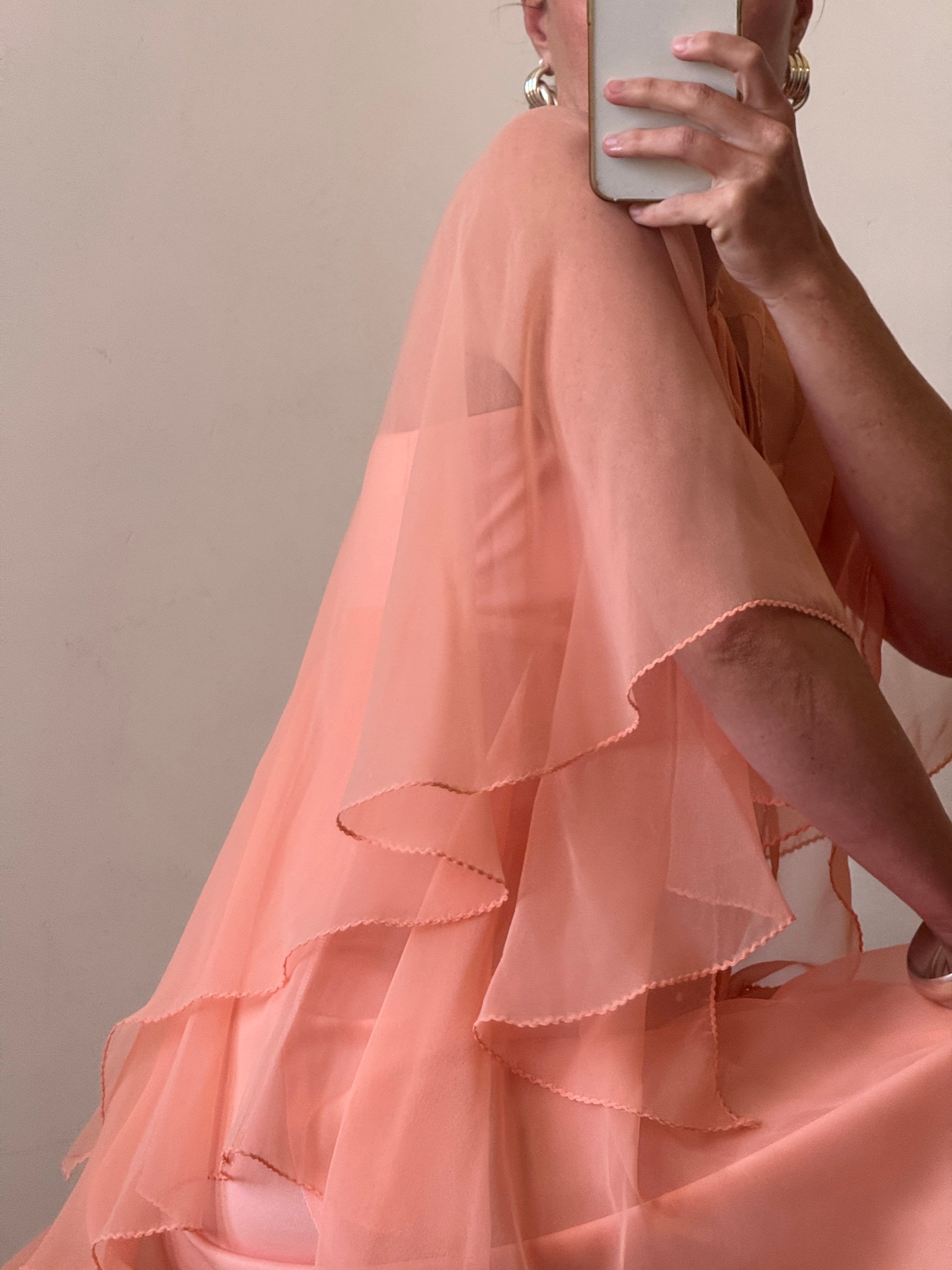 Vintage 70s Apricot Maxi Dress with Sheer Cape