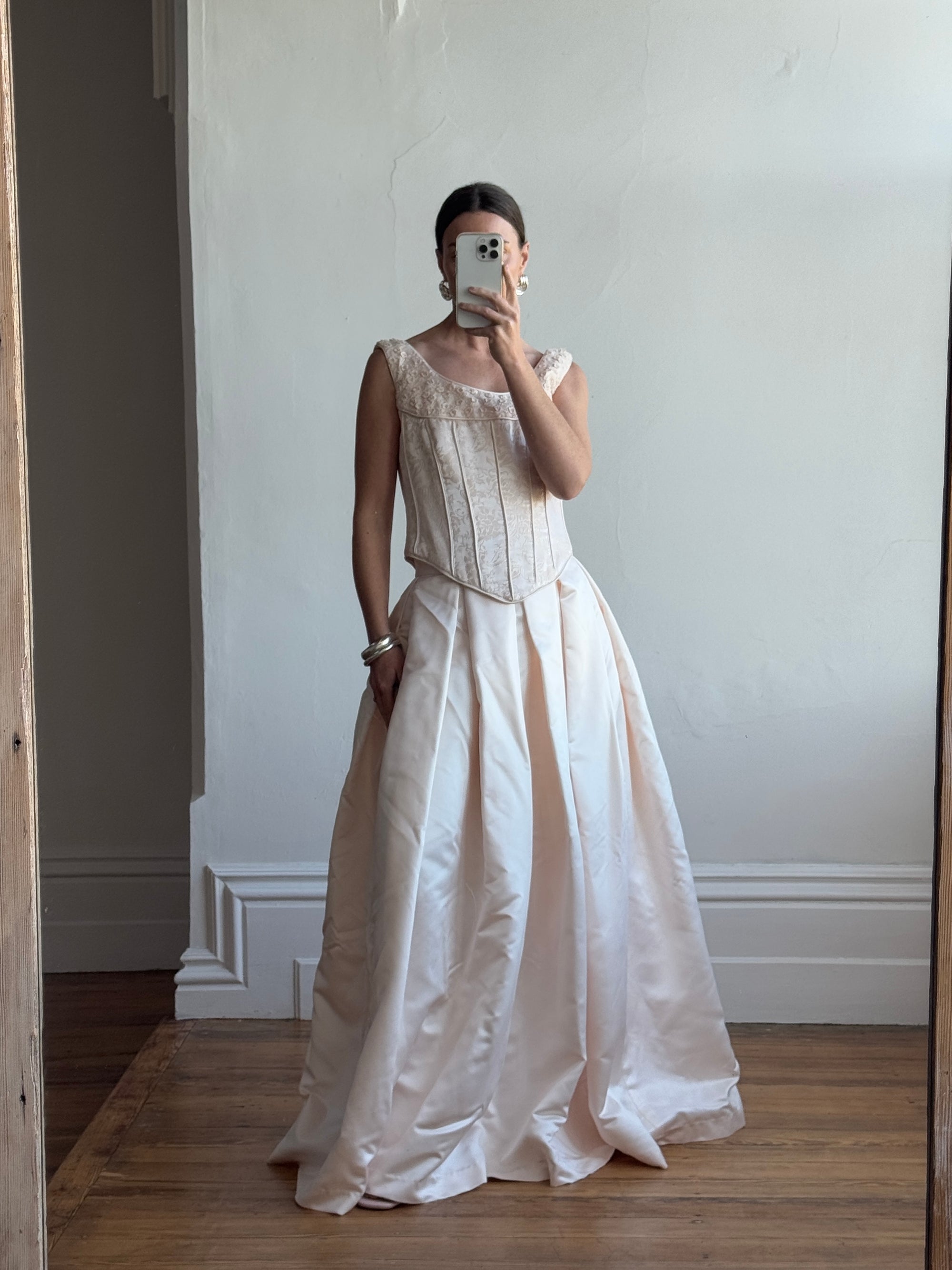 Vintage 90s Pale Pink Beaded Bridal Corset and Satin Princess Skirt Set