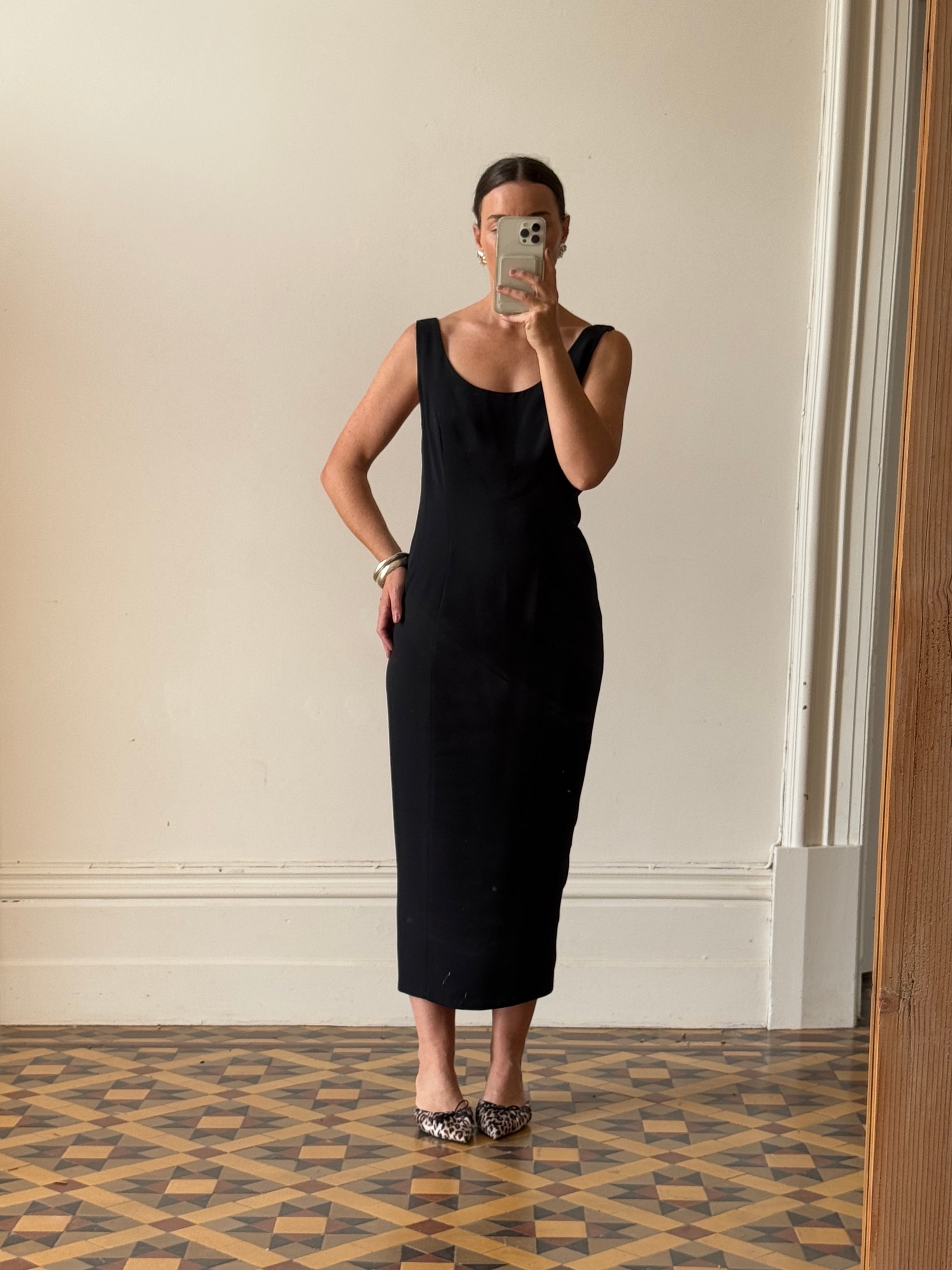 Vintage 90s Crepe Midi Dress With Gold Buttons