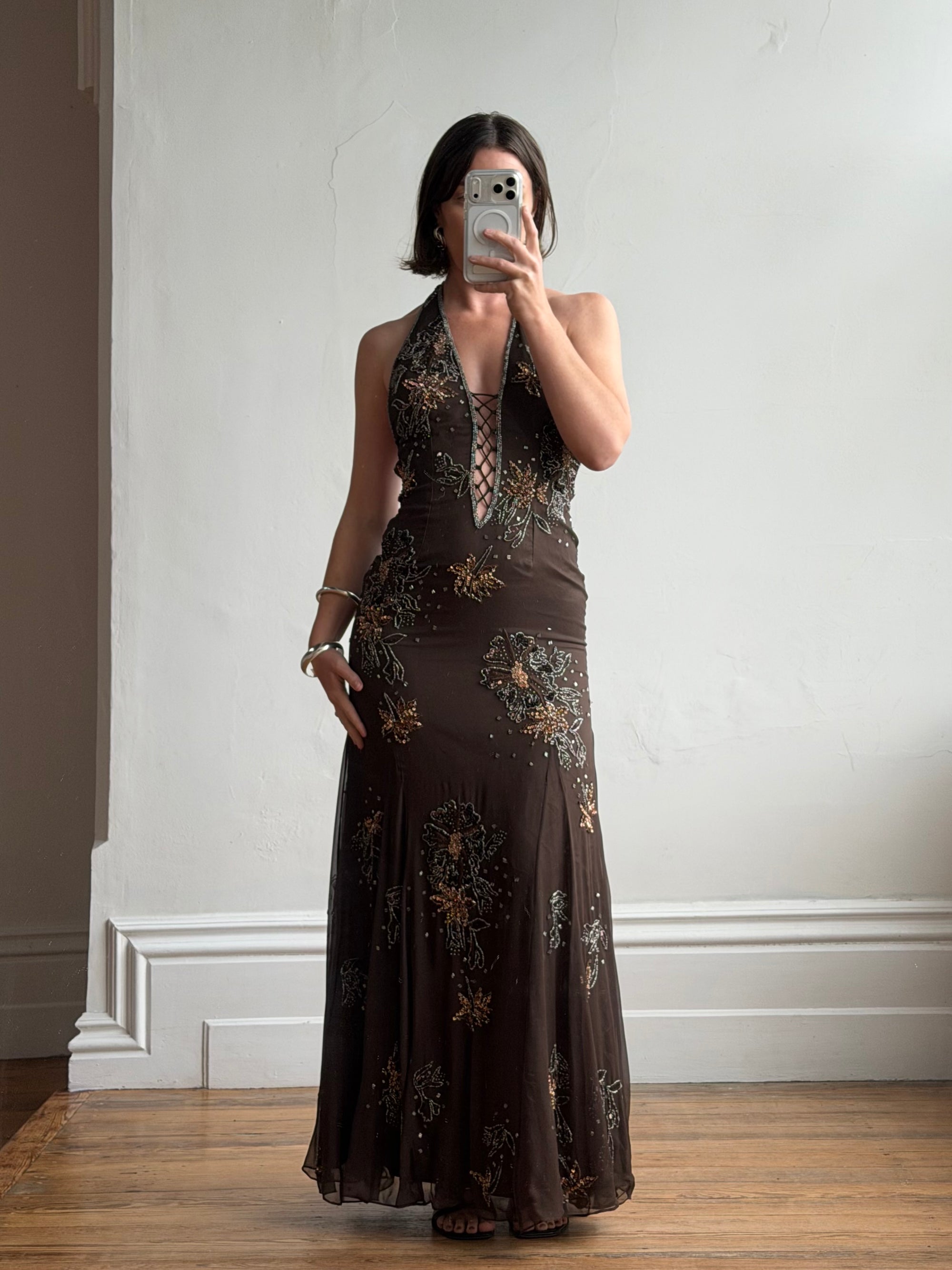 Vintage 90s Pure Silk Beaded Lace Up Dress Chocolate