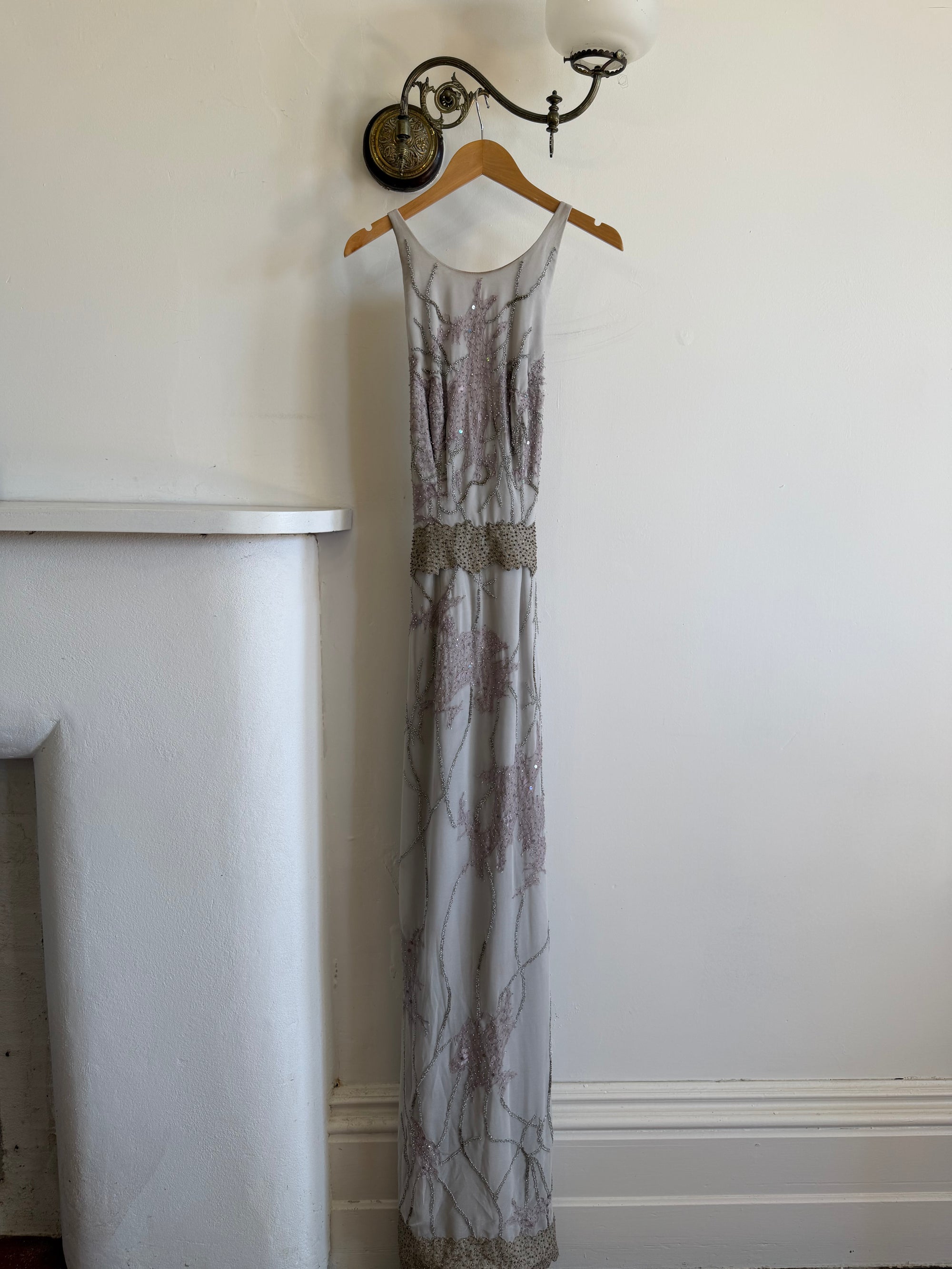 Vintage 90s Pure Silk High Front Embellished Lavender Gown