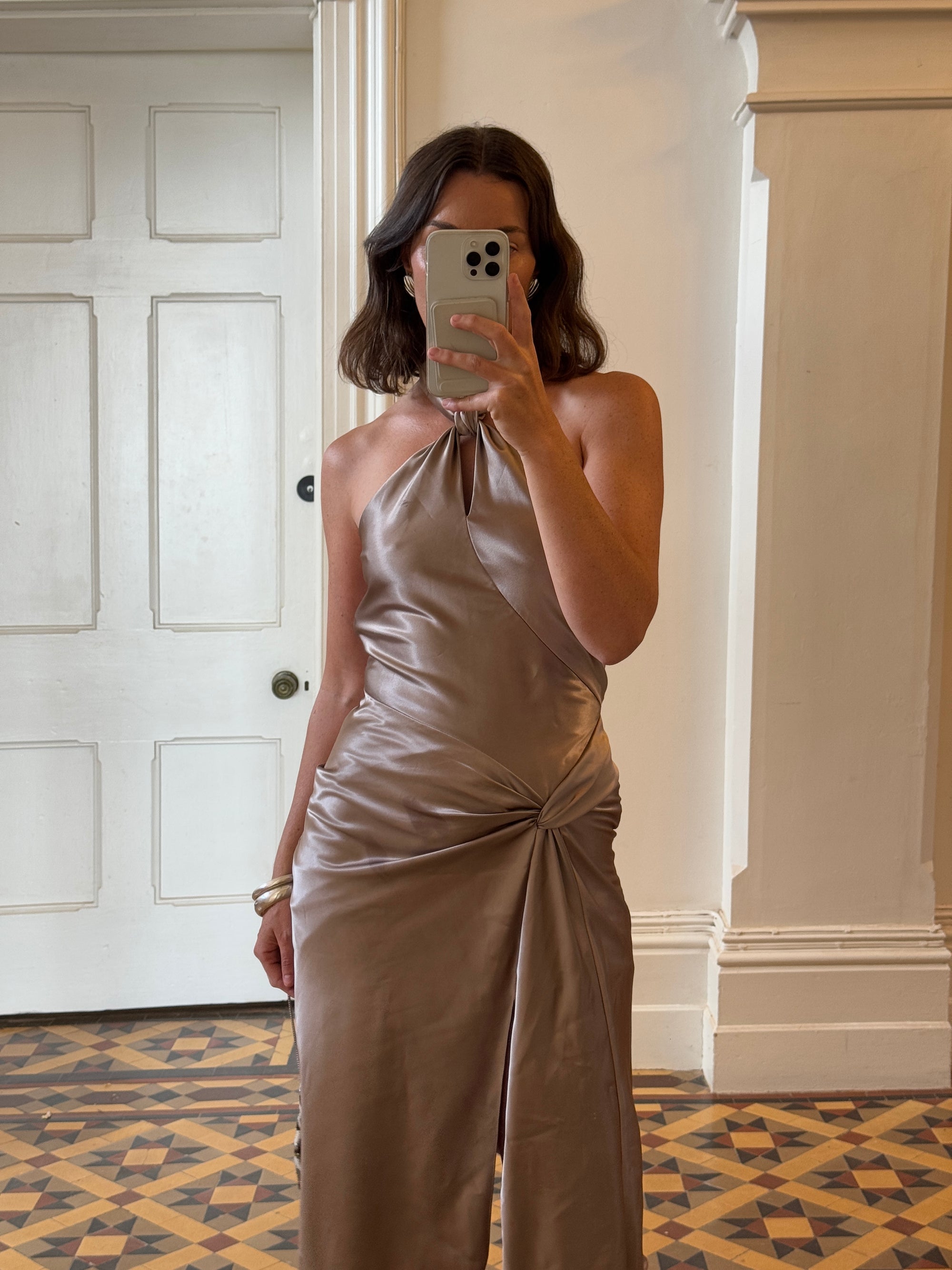 Vintage 90s Australian Made Bronze Satin Party Dress