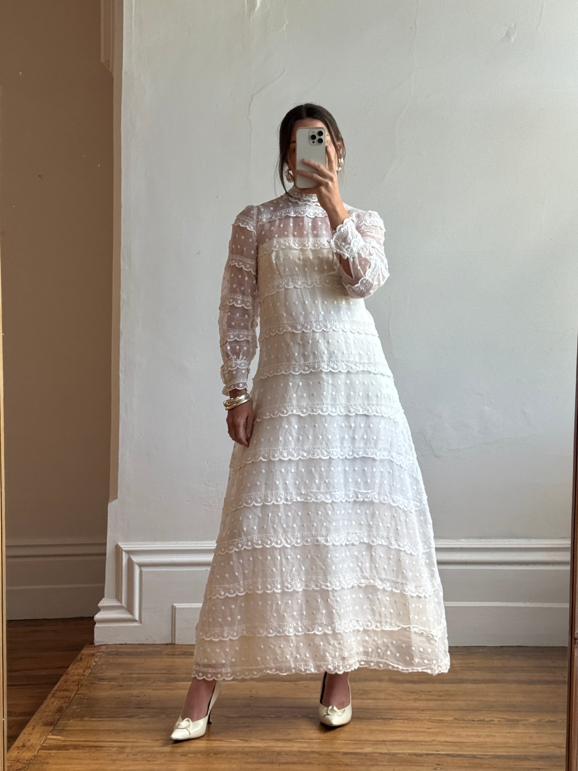 Vintage 60s Polka Dot Long Sleeved Wedding Dress Ivory