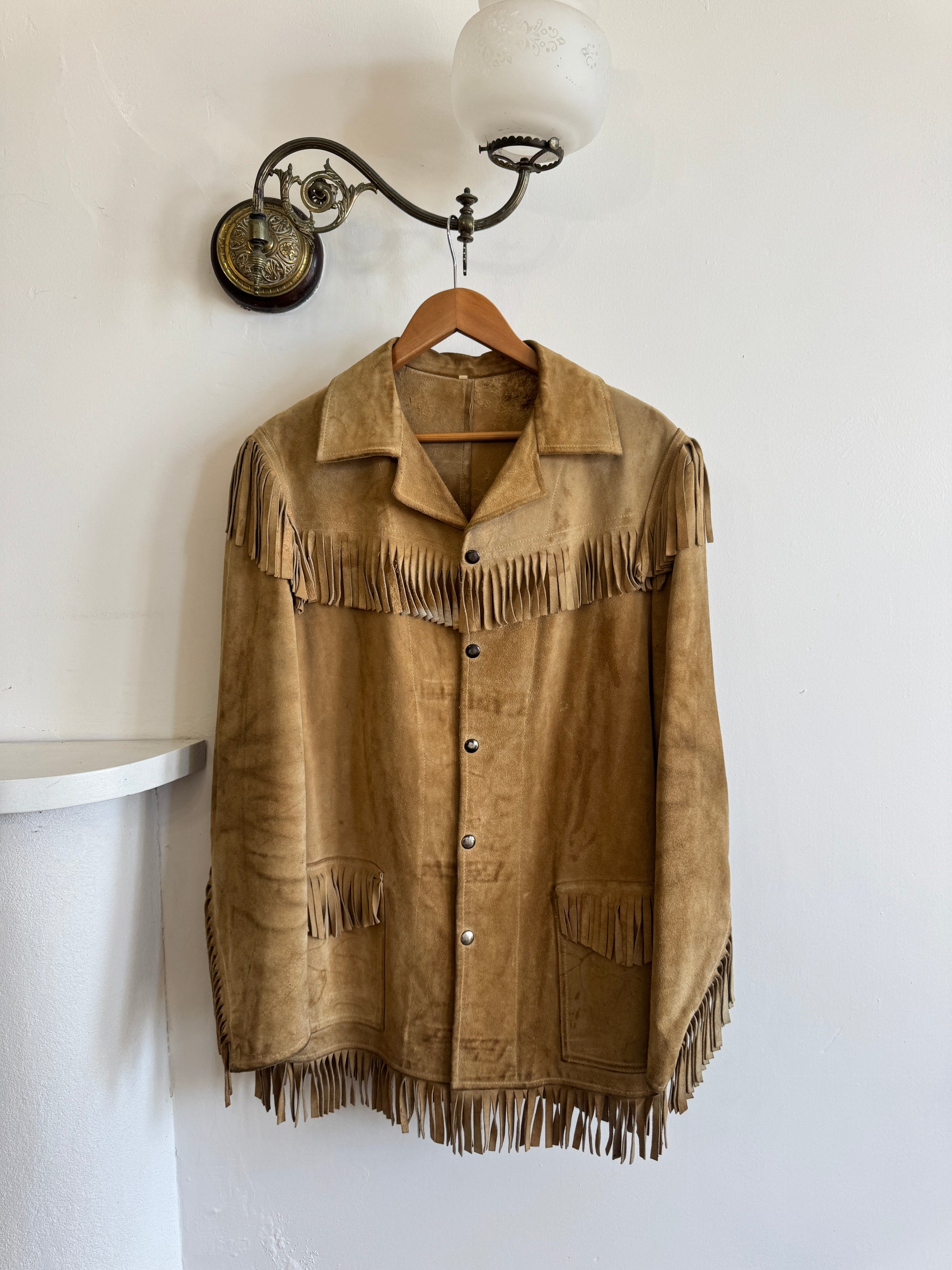 Vintage 70s Western Fringe Suede Leather Jacket Tan