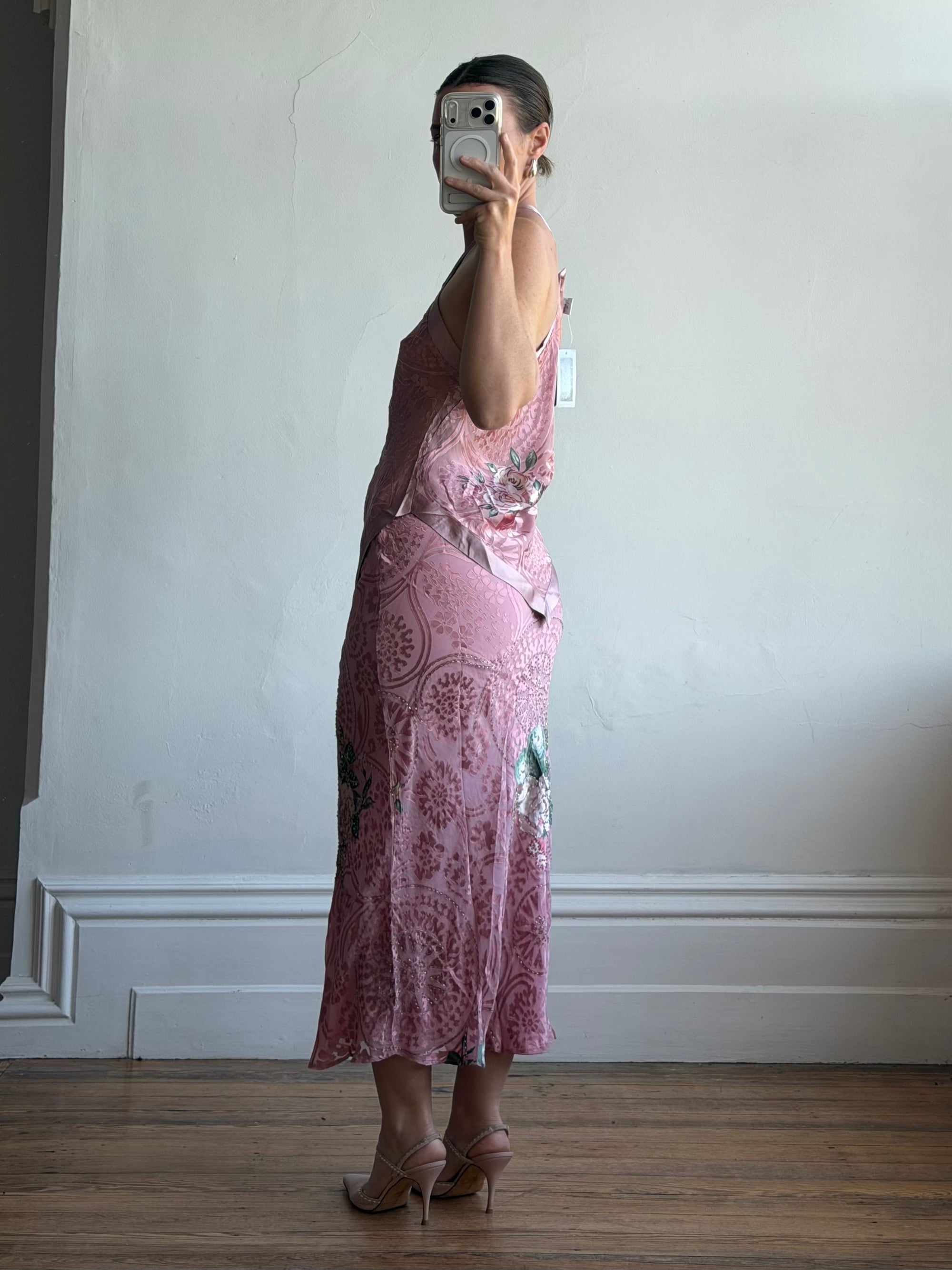 Vintage 90s Dusty Rose Floral Silk Halter Scarf Top and Skirt Set