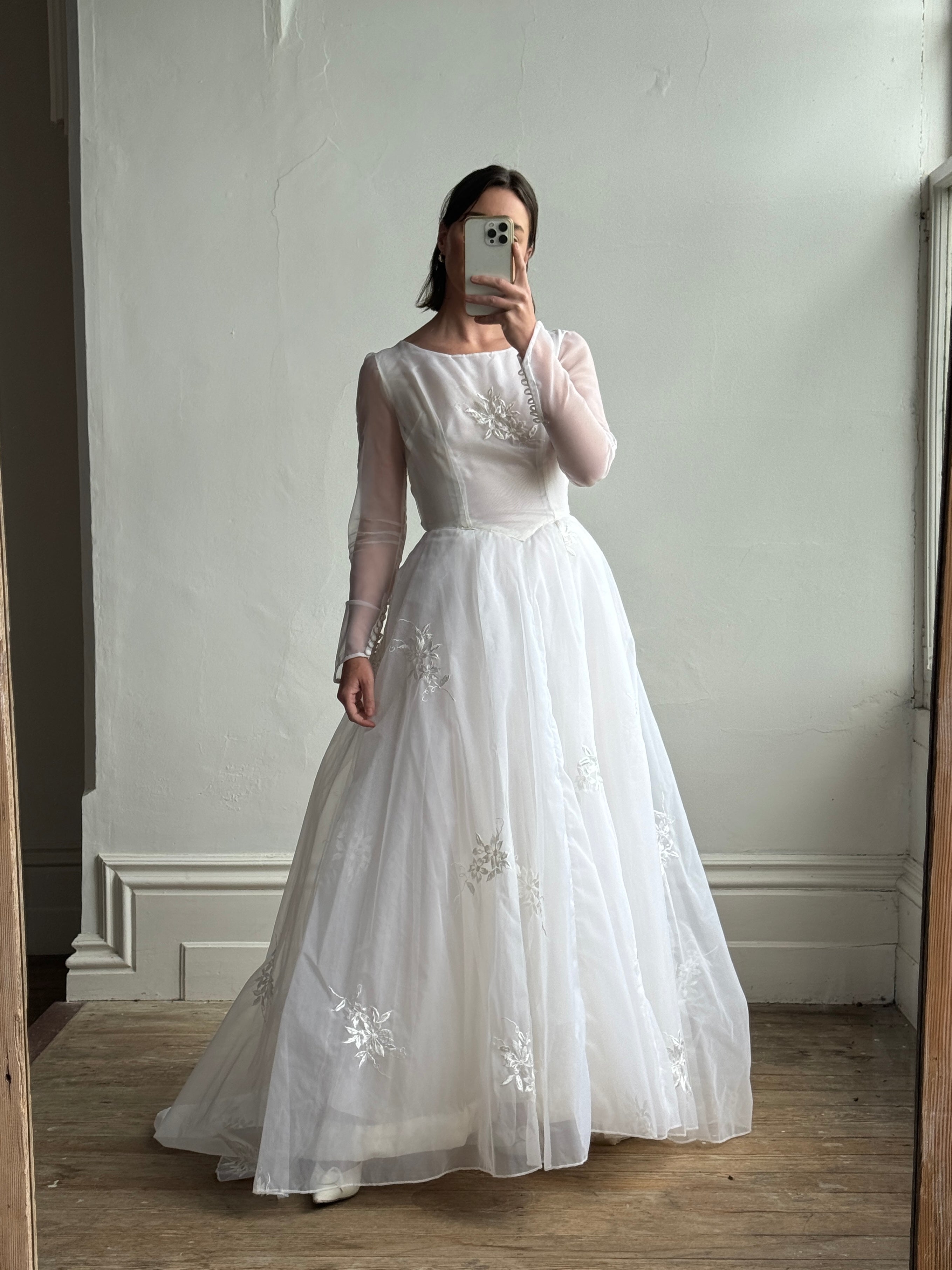 Vintage 50s Basque Waist Sheer Floral Wedding Dress
