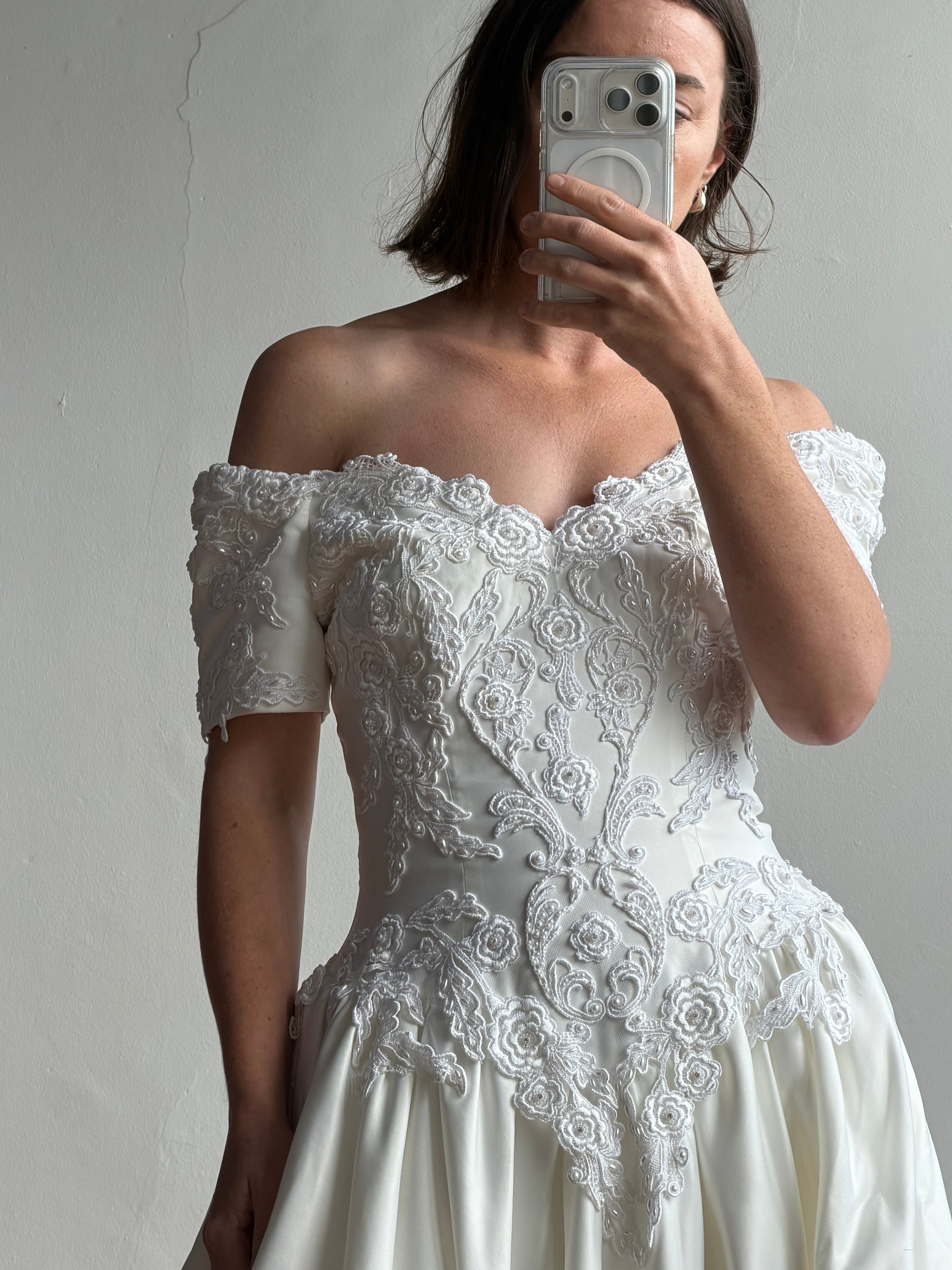 Vintage 90s Embellished Off Shoulder Satin Wedding Gown