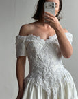Vintage 90s Embellished Off Shoulder Satin Wedding Gown