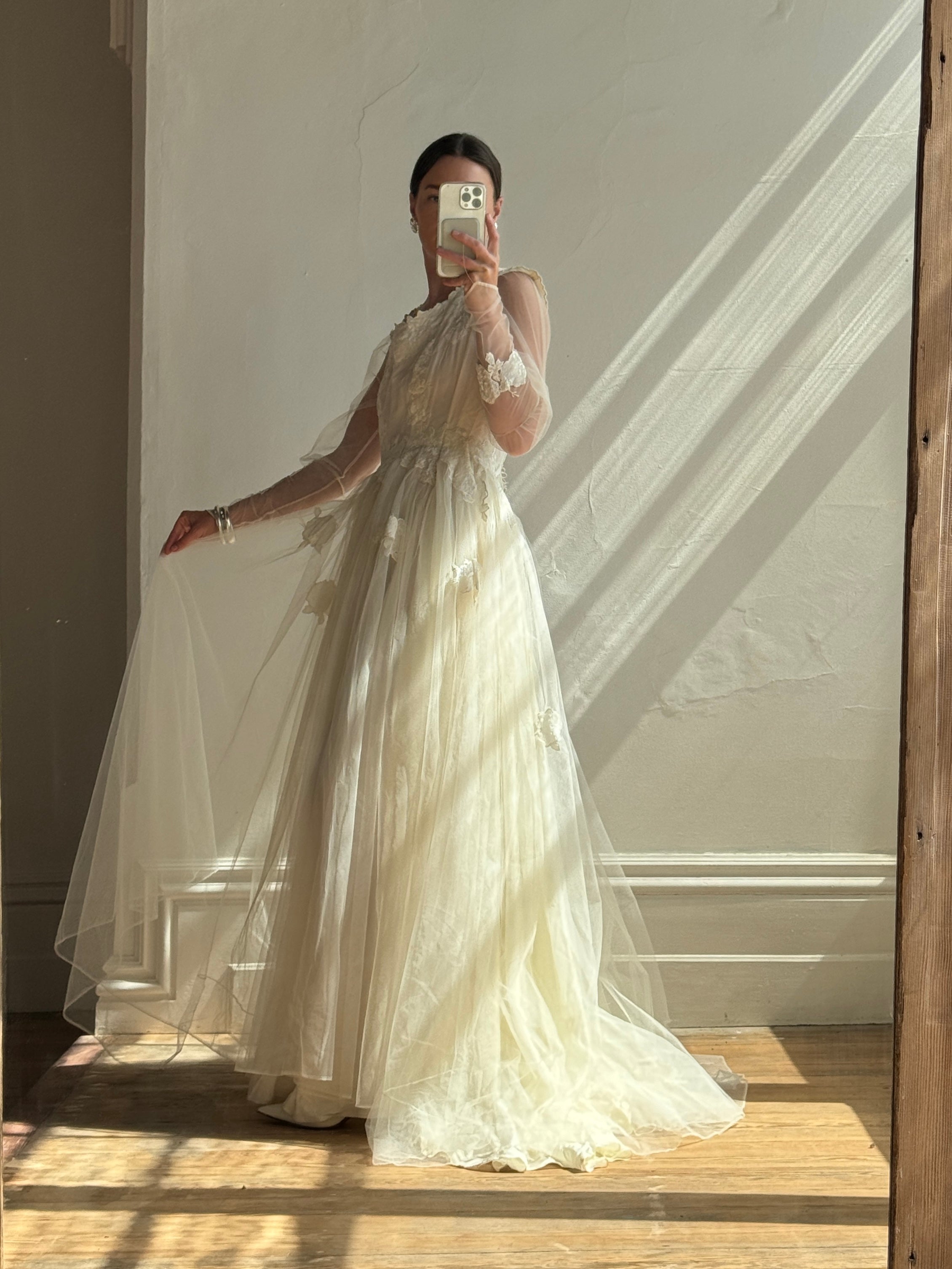 Vintage 70s Tulle and Velvet Long Sleeved Wedding Dress