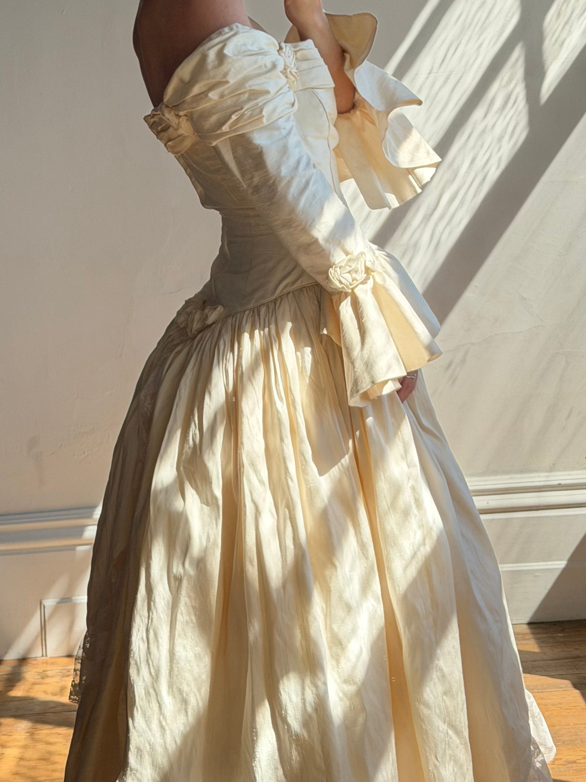 Vintage 90s Silk Dupion Off Shoulder Rosette Bridal Ballgown