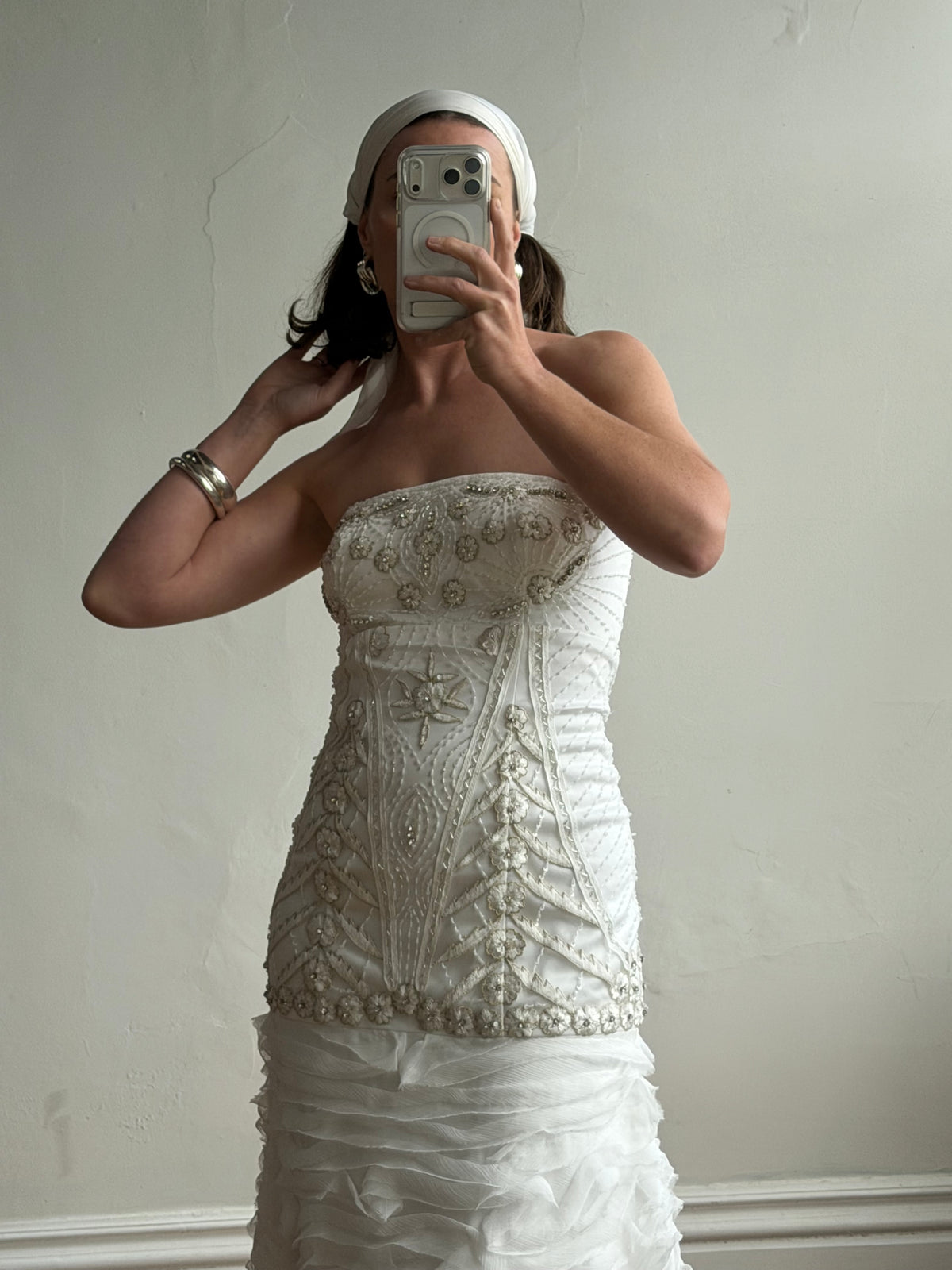 Vintage 90s Strapless Embellished Ruffled Wedding Gown