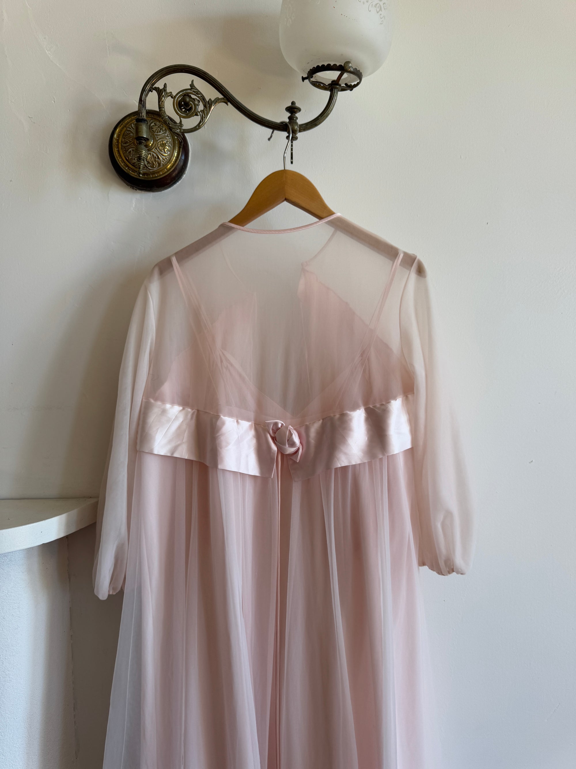 Vintage 60s Rosette Peignoir and Slip Set Pale Pink