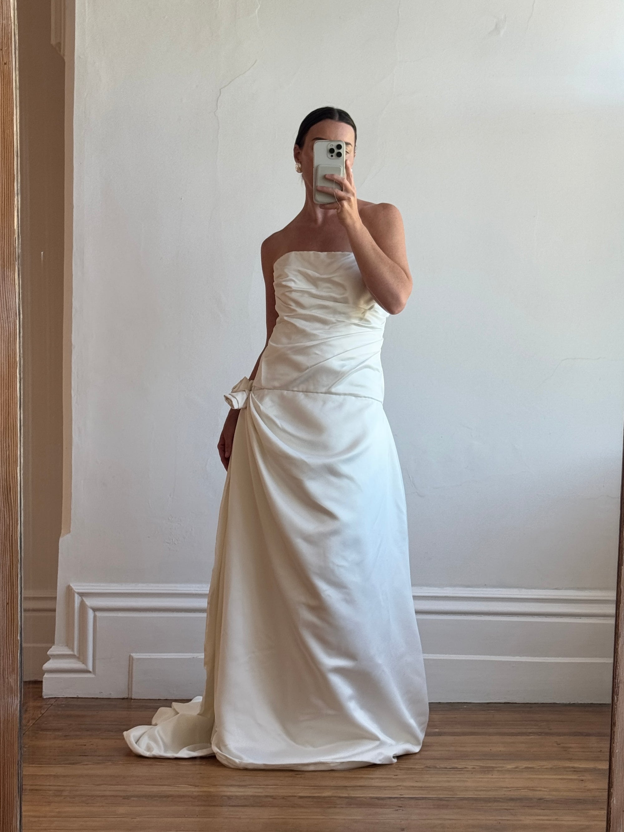 Vintage Y2K Satin Drop Waist Strapless Wedding Gown