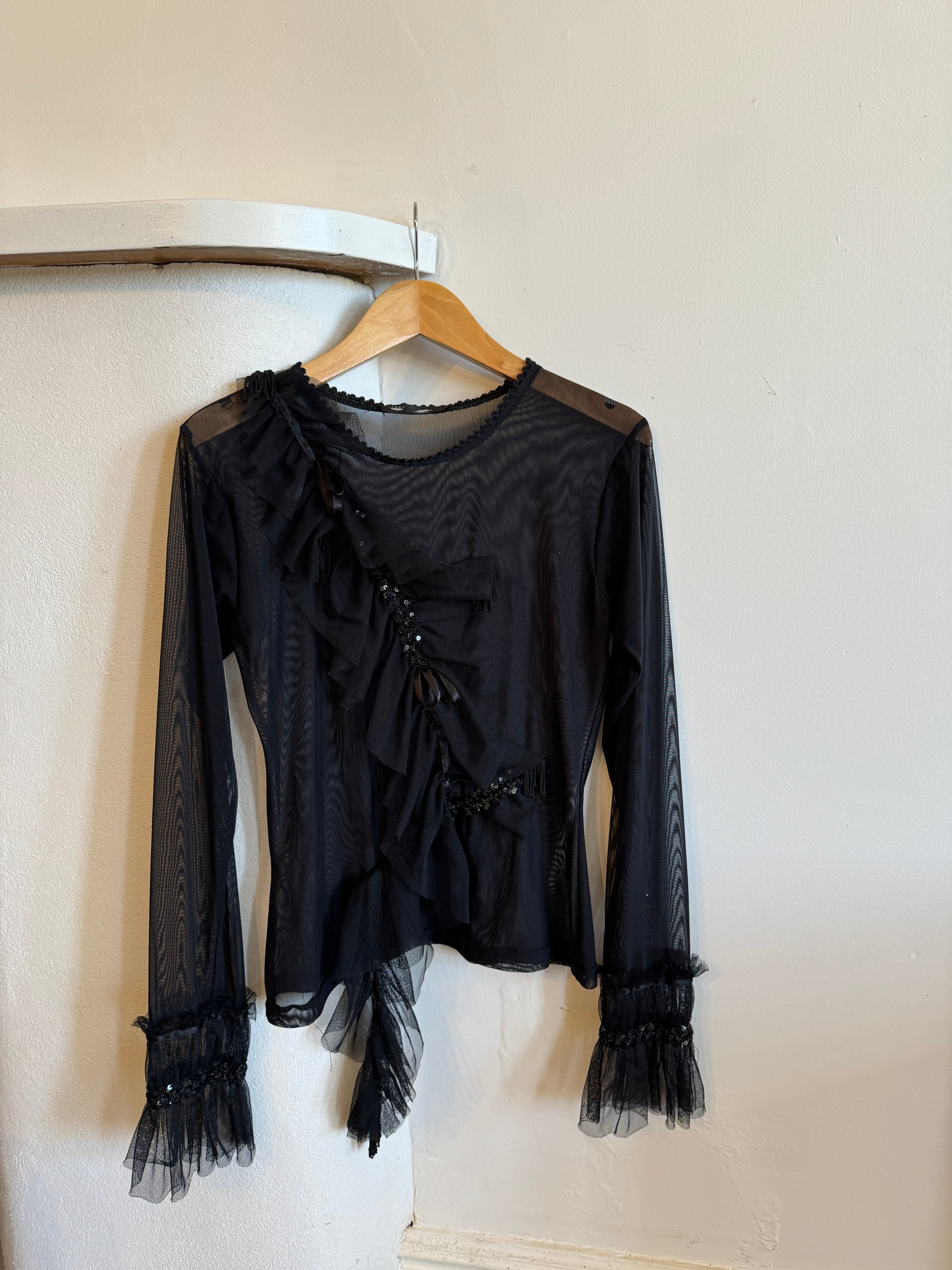 Vintage Black Mesh Sequin Ruffle Top