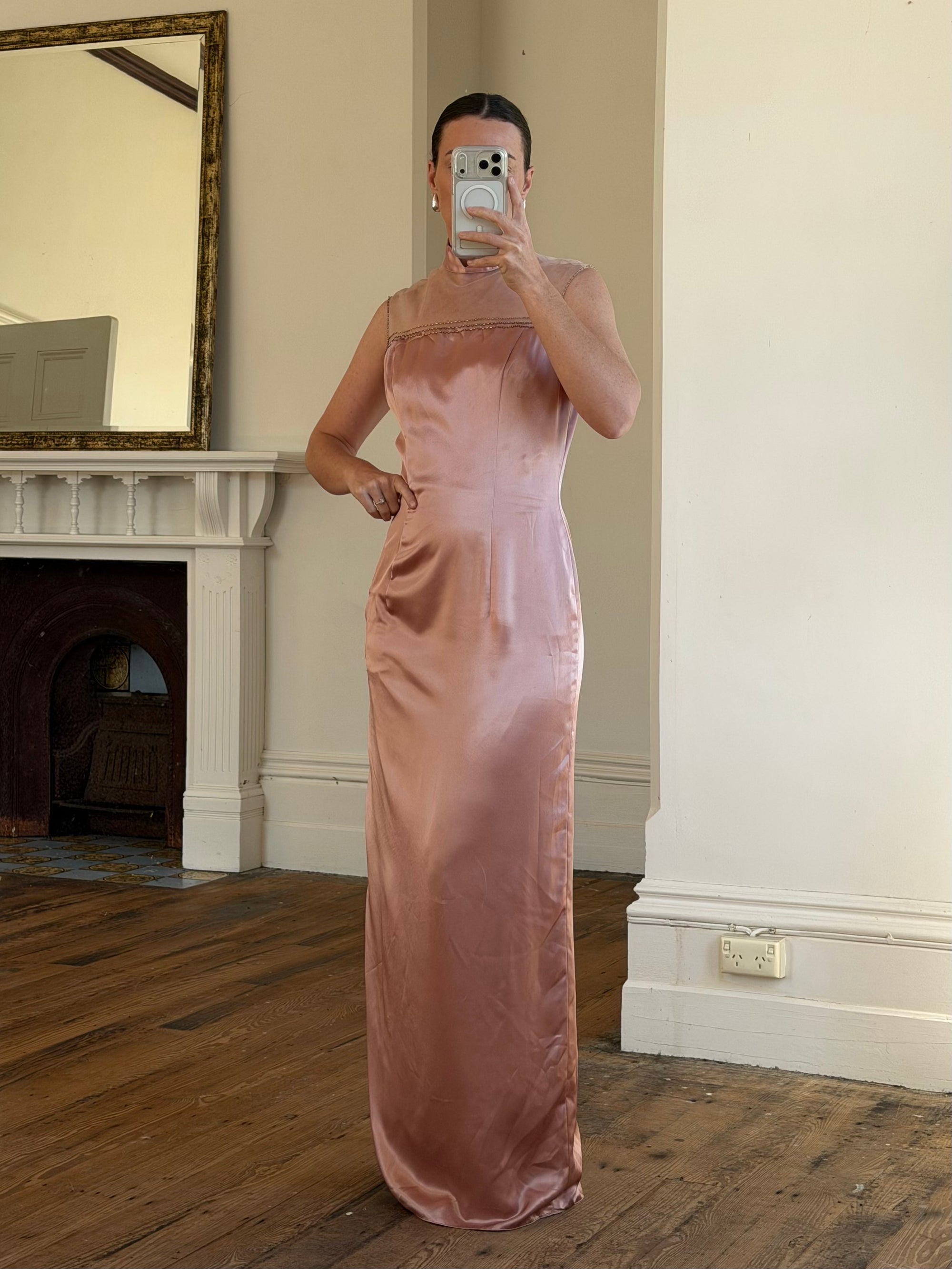 Vintage 90s Dusty Rose Satin High Neck Dress