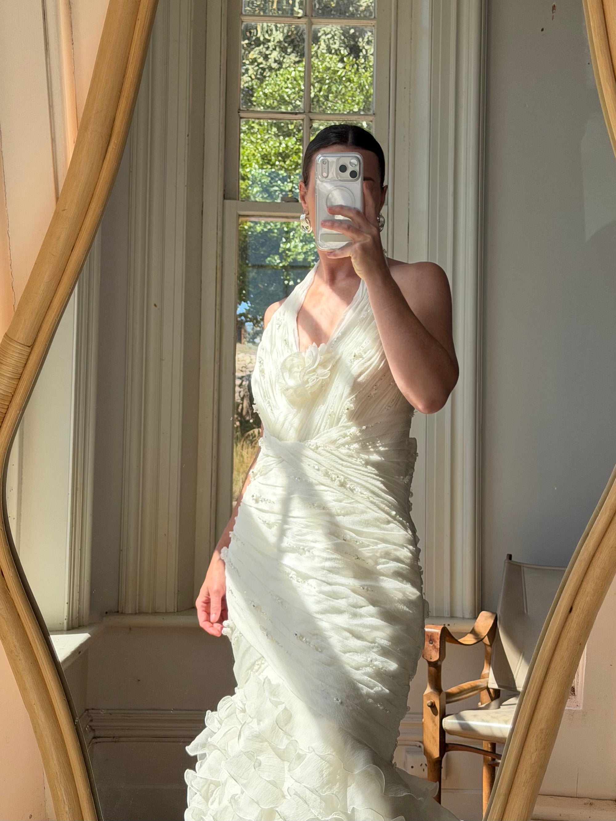 Vintage 90s Italian Plus Size Halter Ruffle Wedding Gown