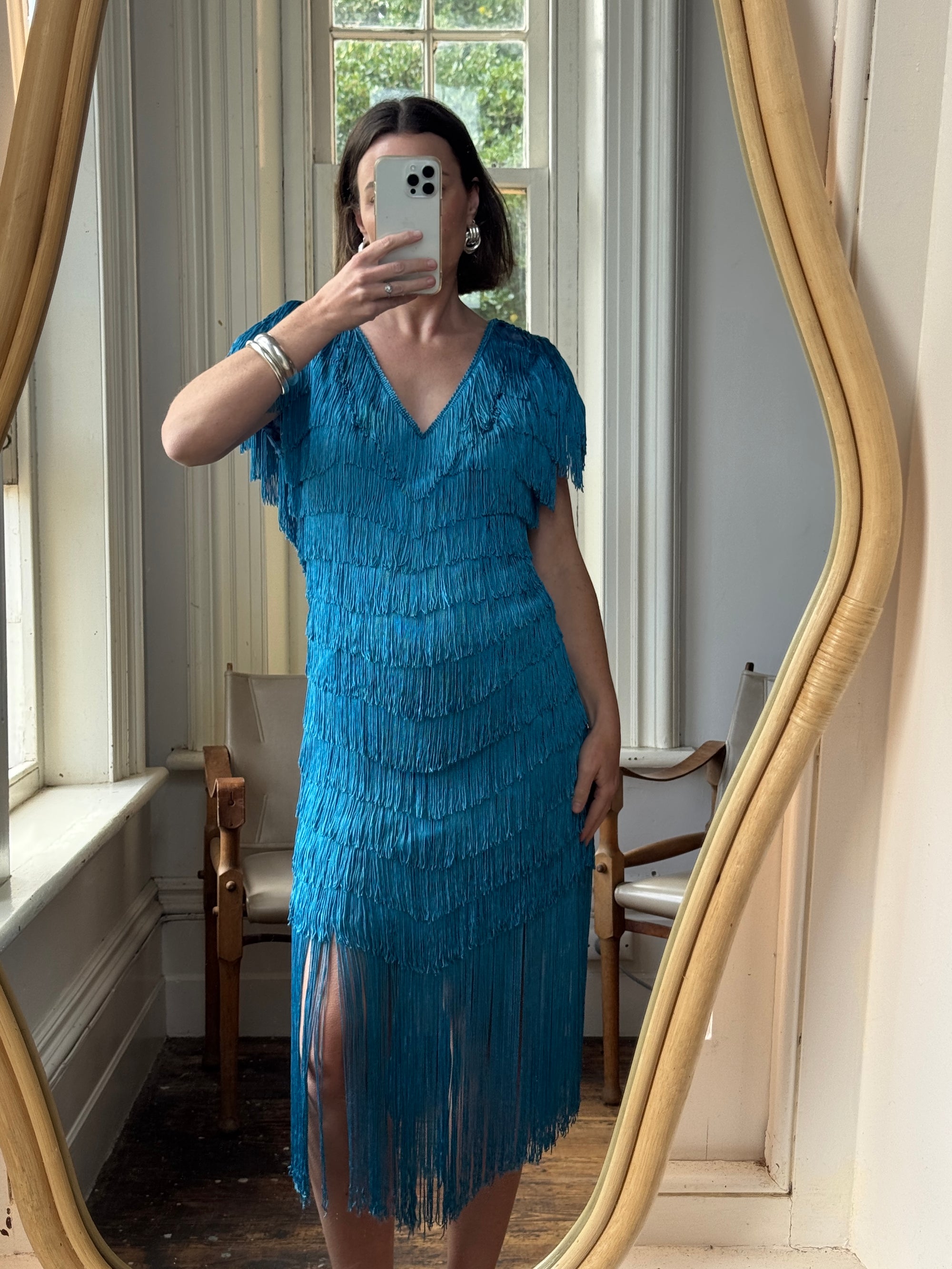 Vintage 80s Fringe Party Dress Ocean Blue