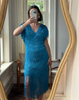 Vintage 80s Fringe Party Dress Ocean Blue