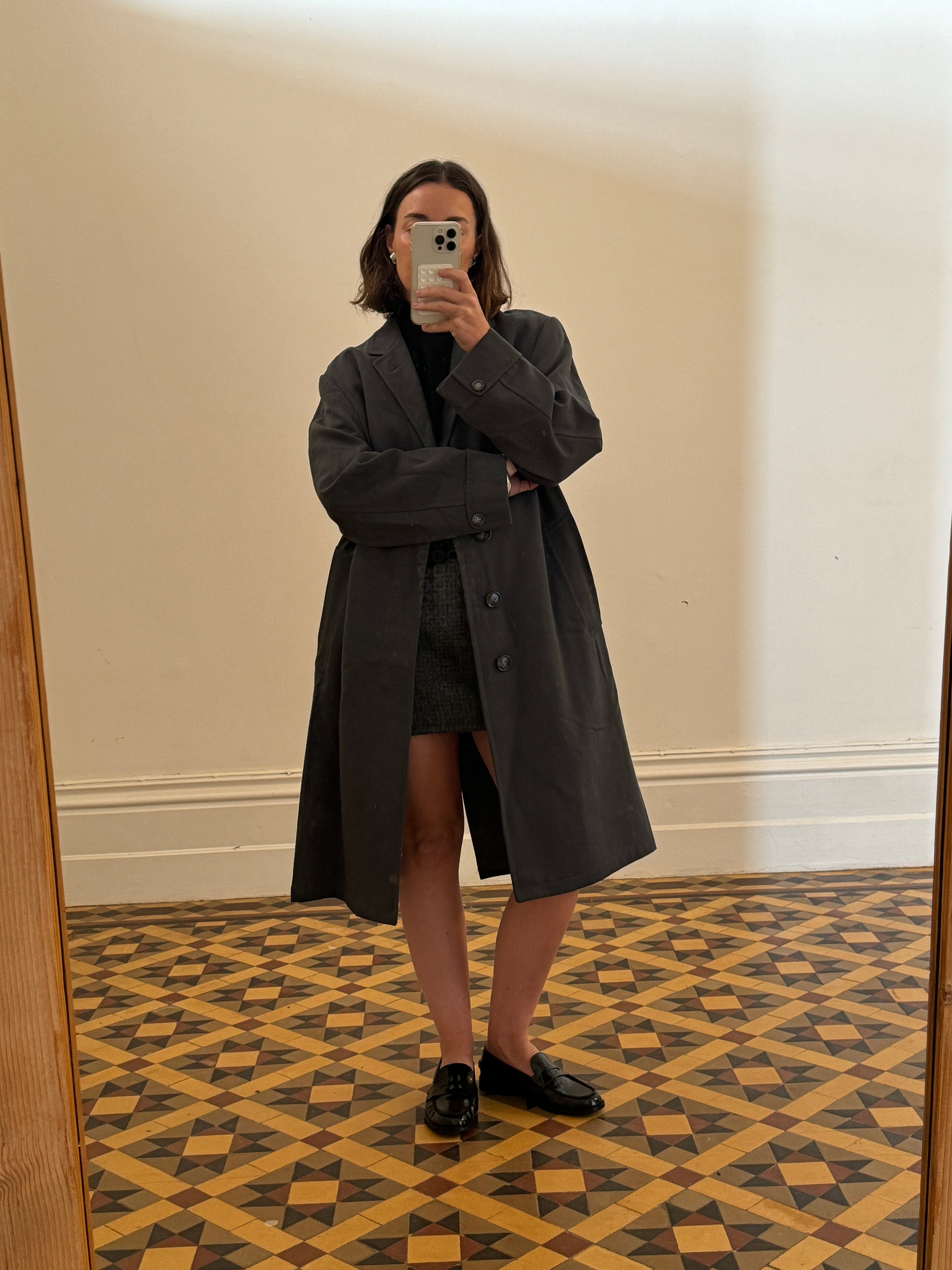 Vintage Dark Grey Wool Boxy Trench Coat