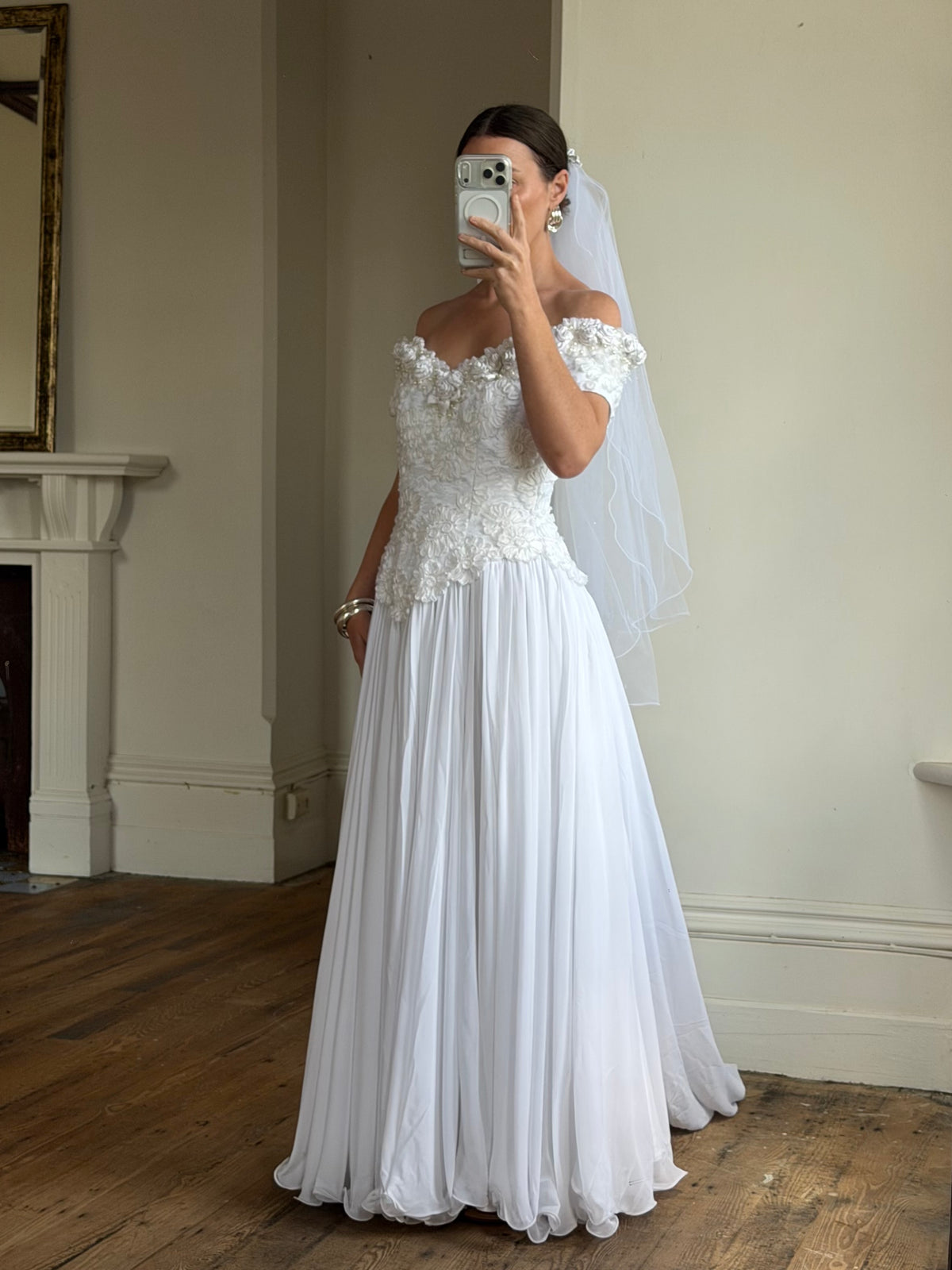 Vintage 80s 3D Floral Off Shoulder Bridal Gown and Veil