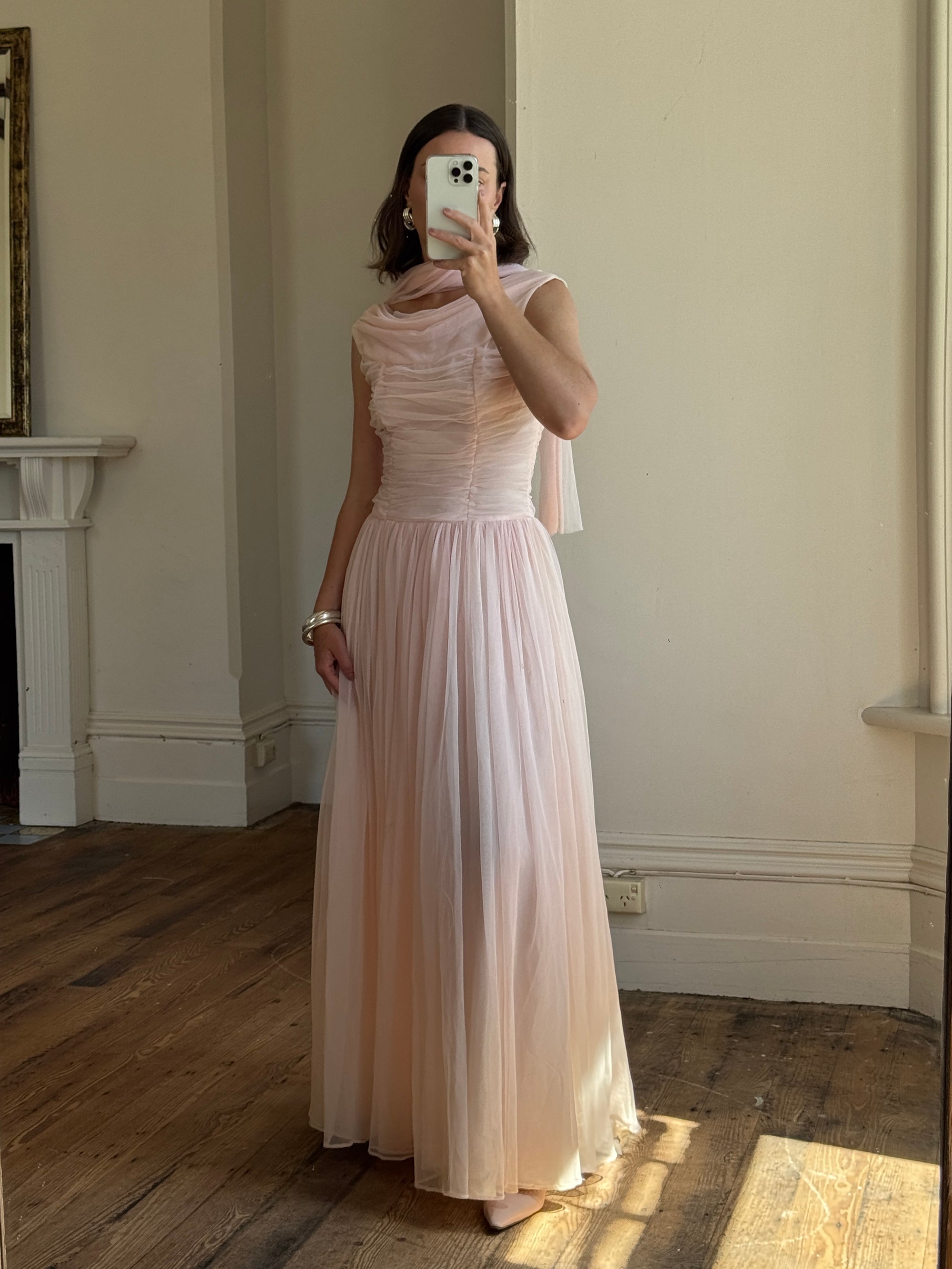 Vintage 60s Chiffon Gathered Pale Pink Maxi Gown