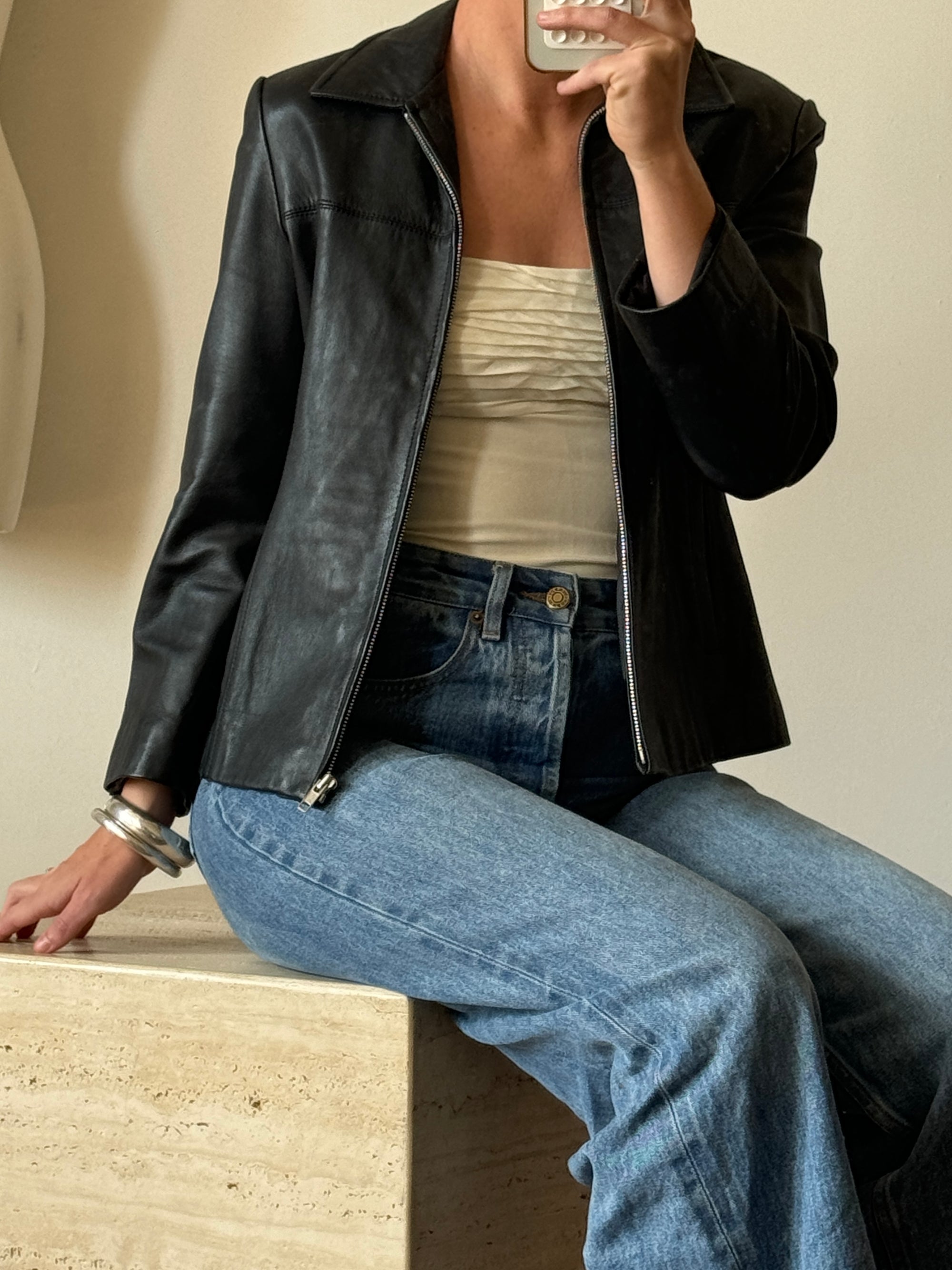 Vintage 90s Zip Front Leather Jacket Noir