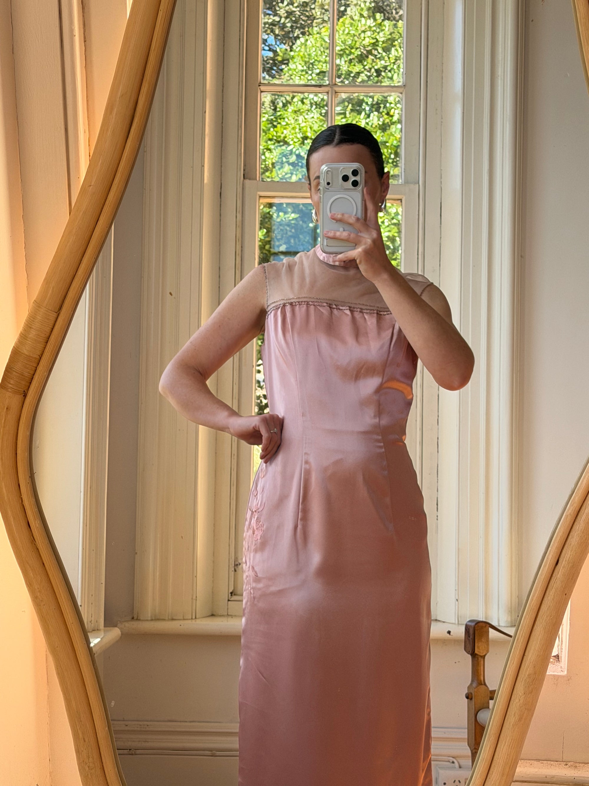 Vintage 90s Dusty Rose Satin High Neck Dress