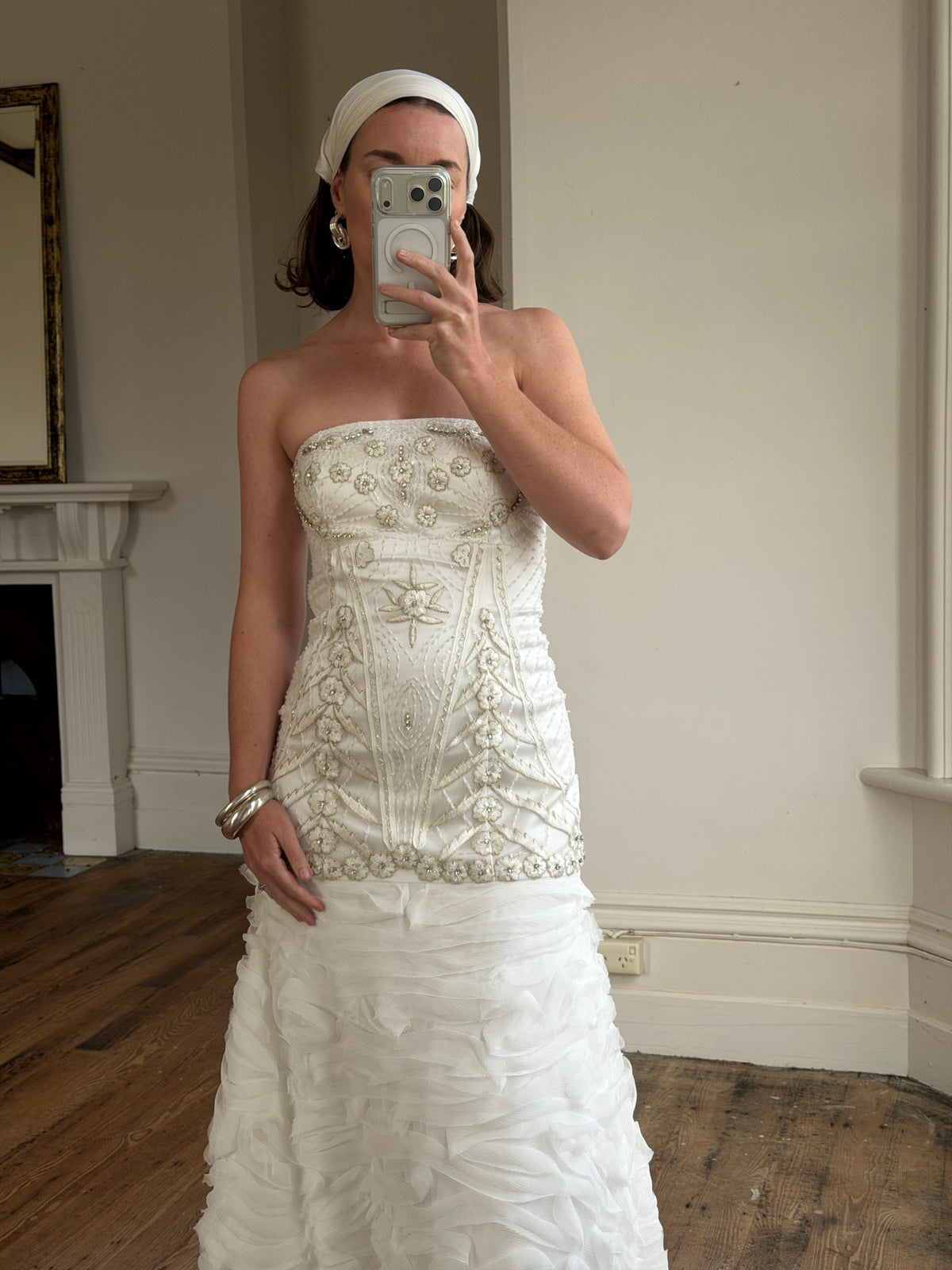 Vintage 90s Strapless Embellished Ruffled Wedding Gown