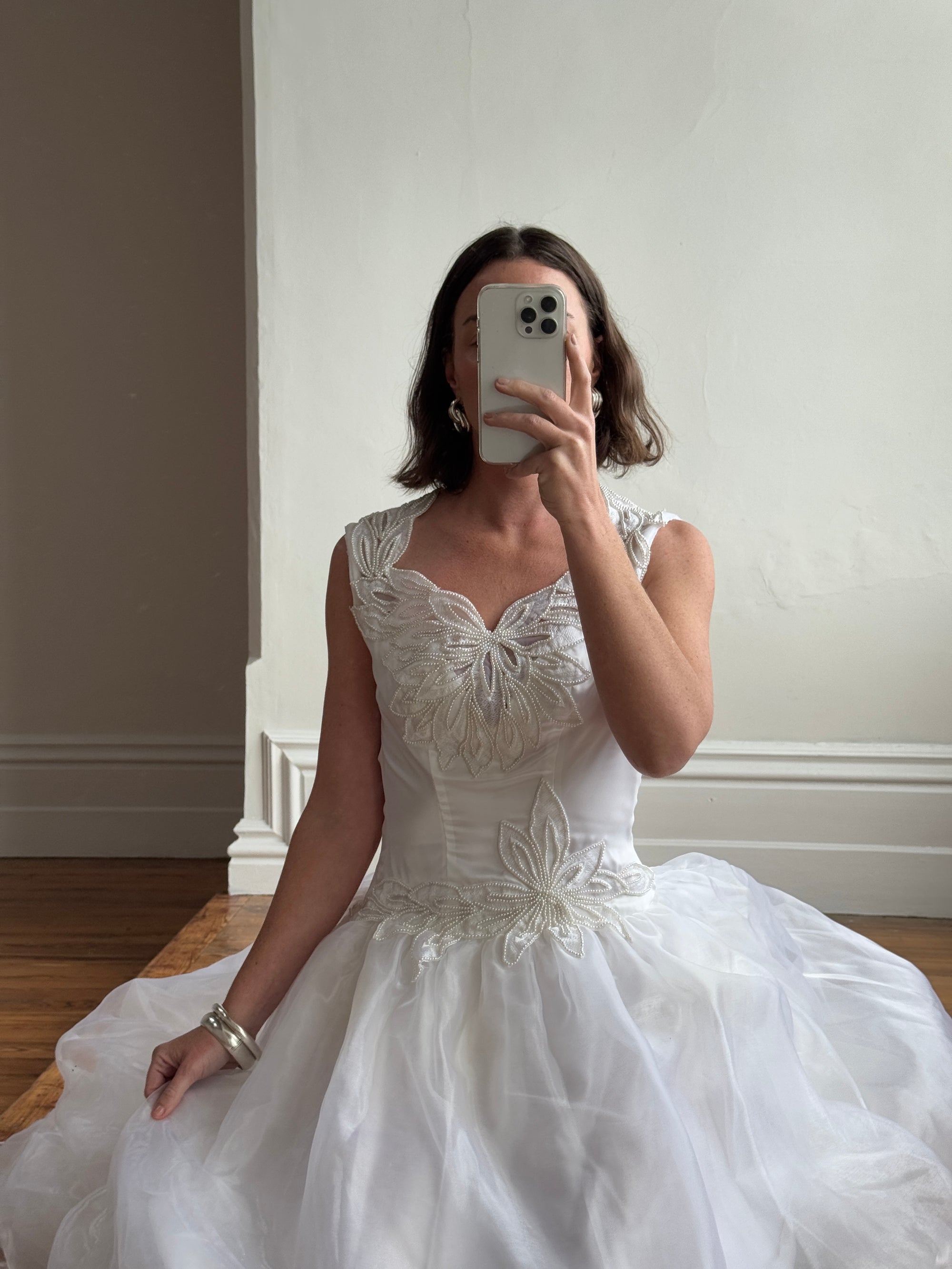 Vintage 80s Pearl Embellished Chiffon Princess Wedding Dress